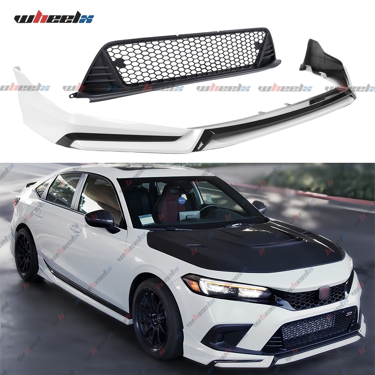 Pearl White Yofer Style V3 Front Bumper & Honeycomb Grille For 22-24 Honda Civic