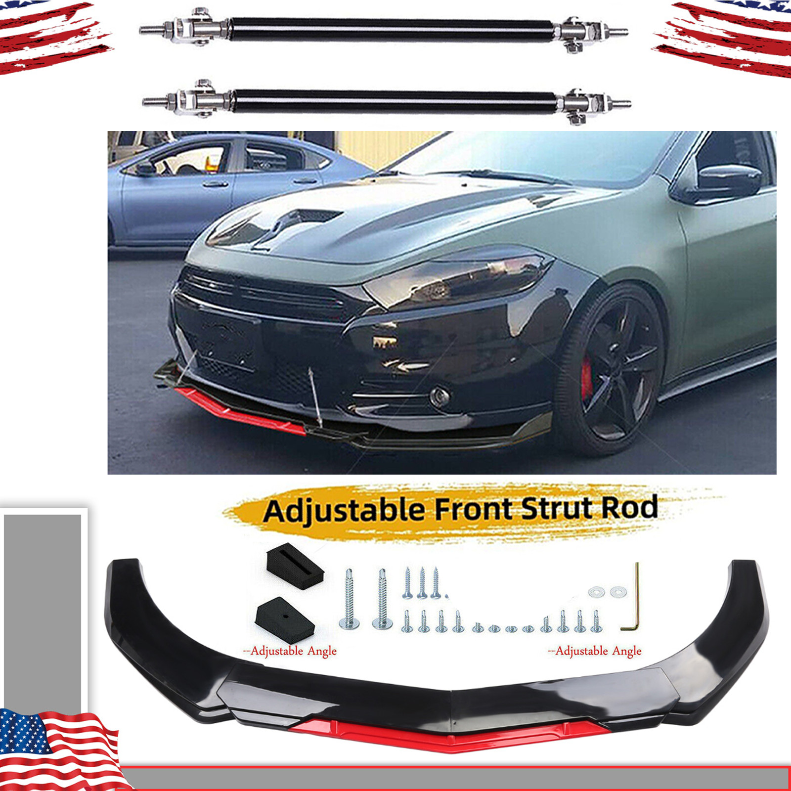 Glossy Black For Dodge Dart Front Bumper Lip Spoiler Splitter Body+Strut Rods