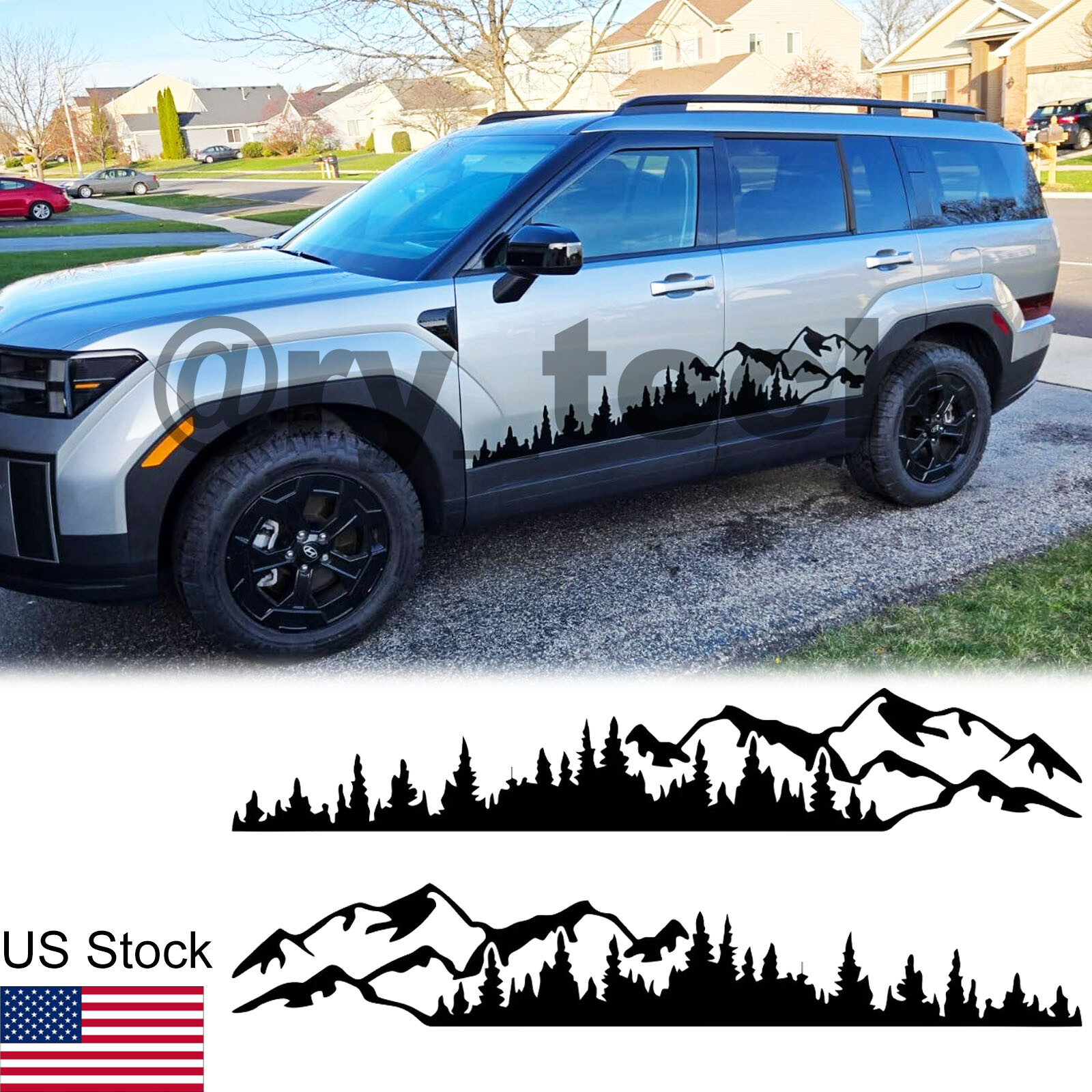 2Pcs Black Mountain Tree Forest Graphic Stickers Side Body Door Decal Universal