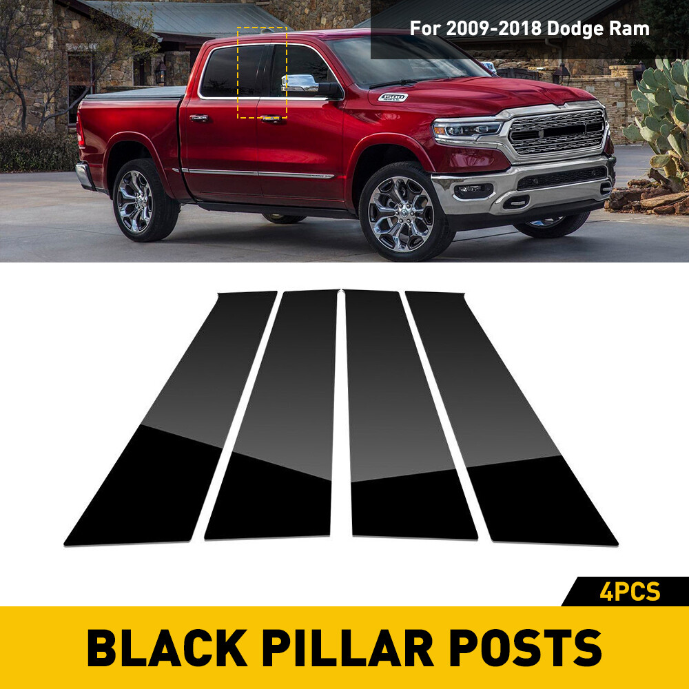 4PCS Black Post Pillar Window Door Trim Cover Piano For 2009-2018 Dodge Ram 1500