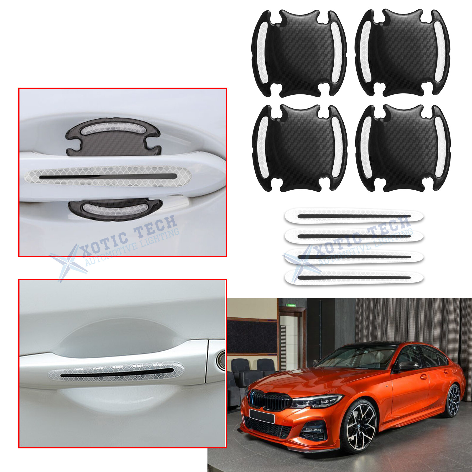 8PCS Reflective White Door Handle Guard Film Stickers For BMW 3 4 5-Series X1 X5