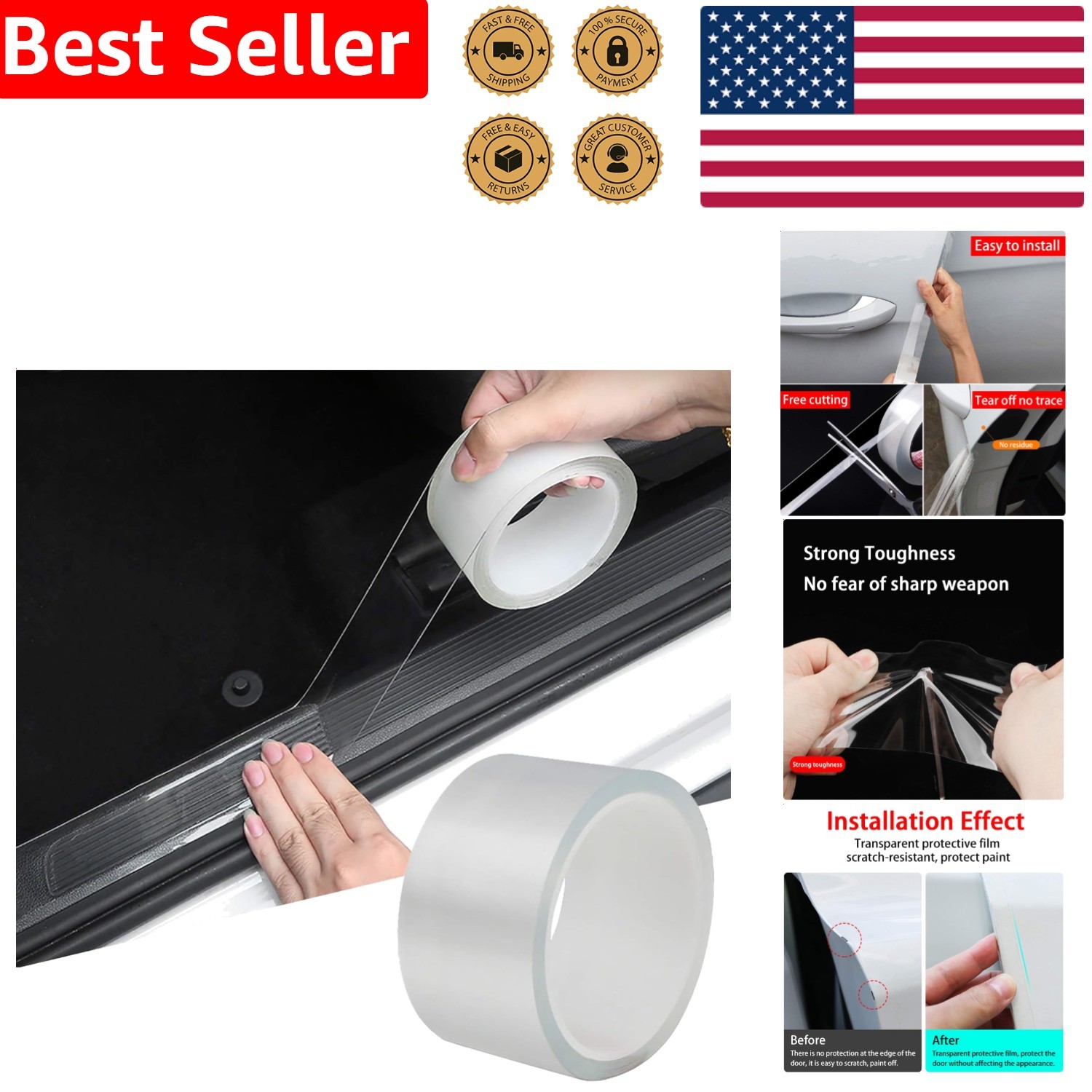 Protective Car Door Sill Guard 33Ft Transparent Rubber Scratch Resistant Trim