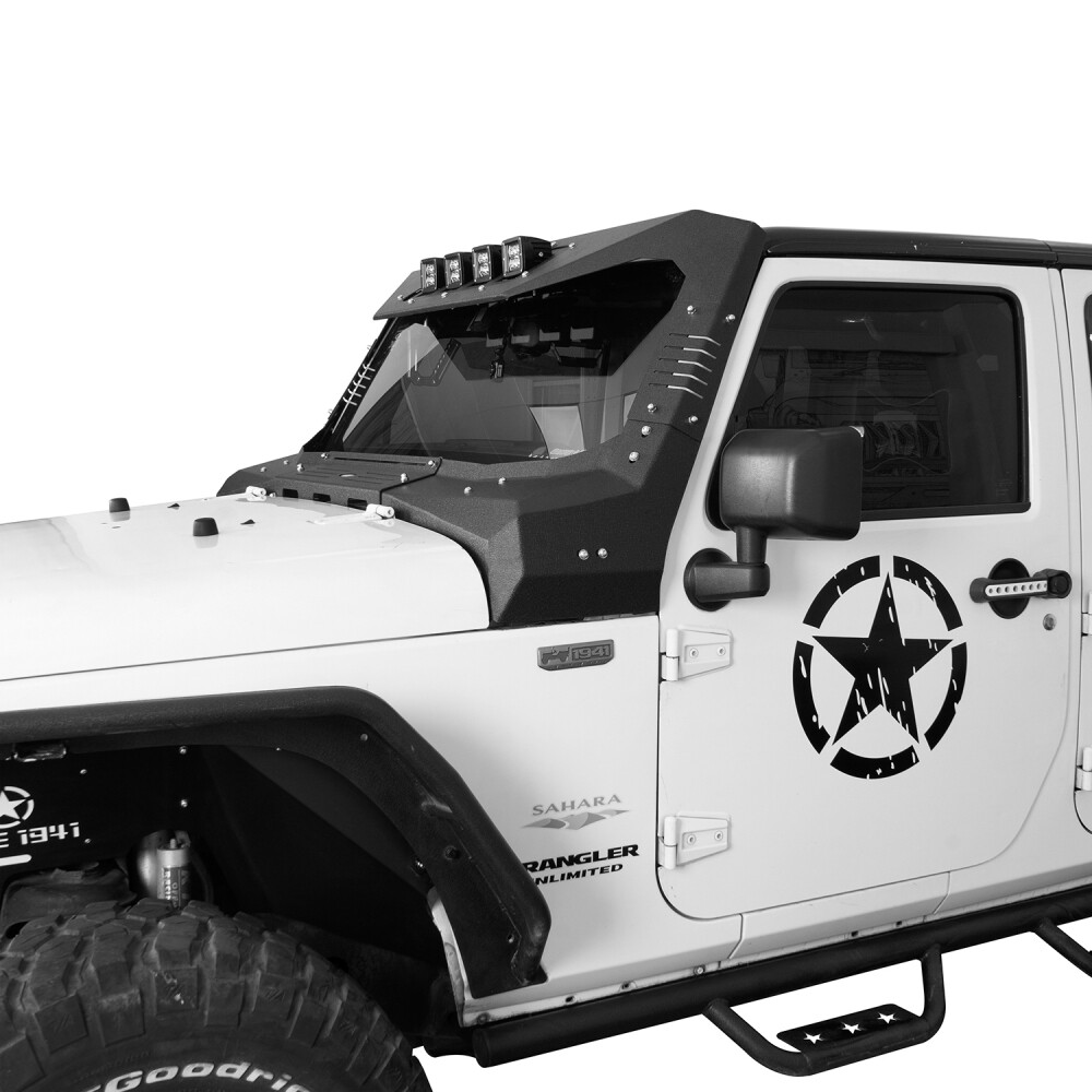 Armor Windshield Frame Cover Visor Cowl w/ LED Lights For 07-18 Jeep Wrangler JK