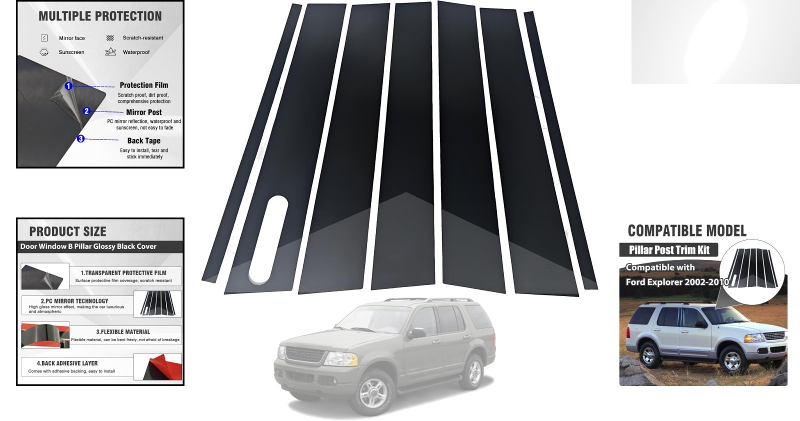 7PCS Glossy Black Door Window B Pillar Trim Kit for F-ord Explorer 2002-2010