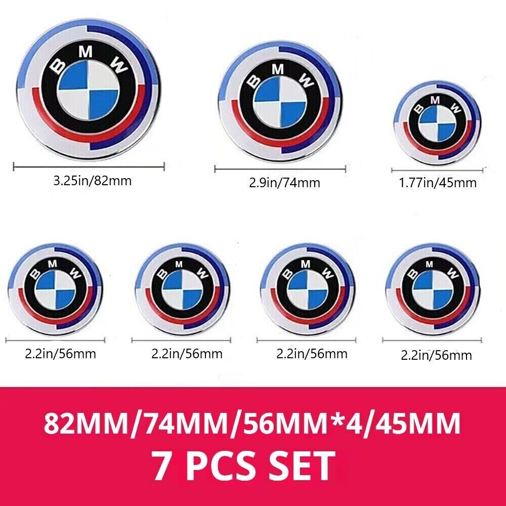 50th Anniversary Style Exterior Badge Center Hub Cap 7Pcs For BMW 74/82/56/45mm