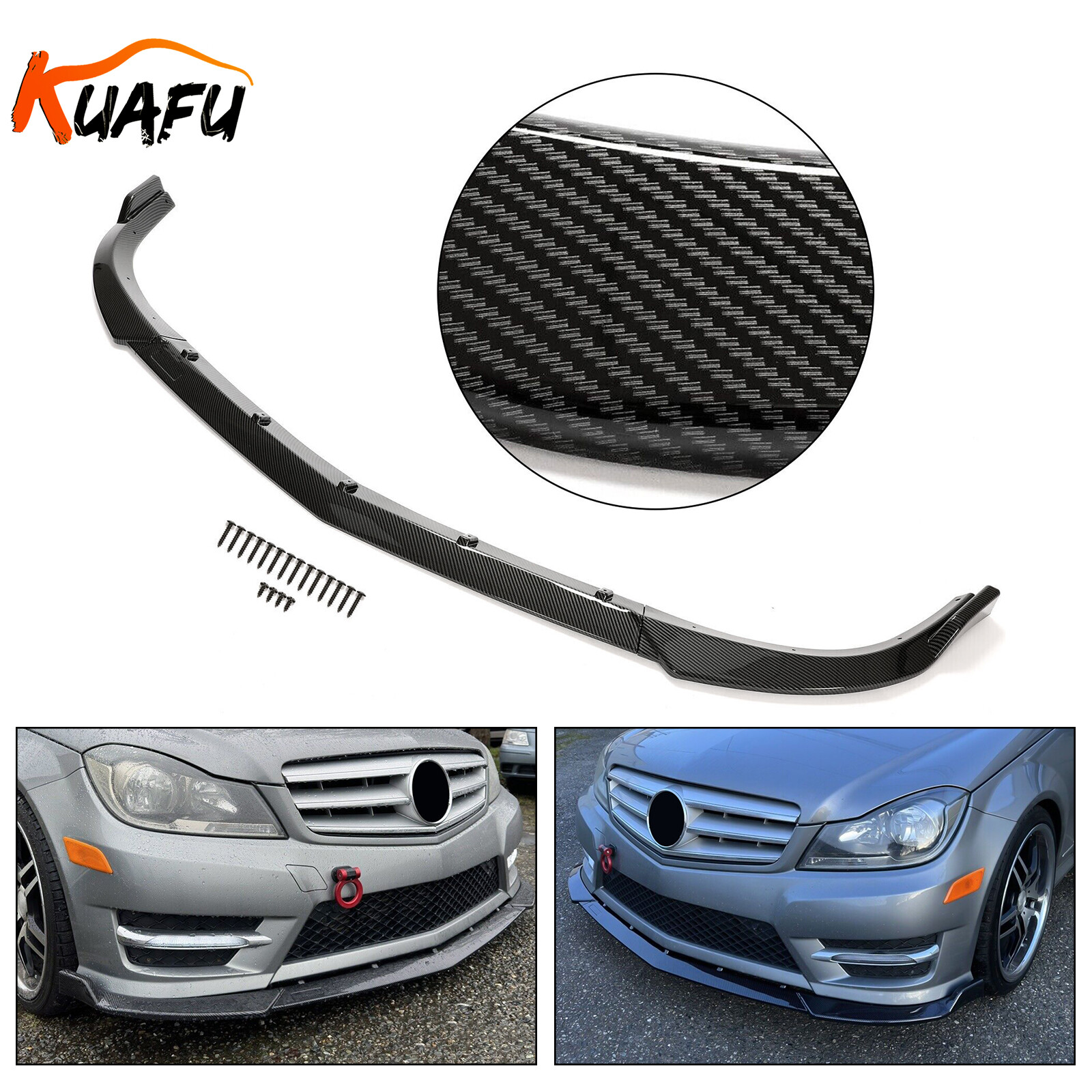 KUAFU Front Bumper Lip Splitter Spoiler For 12-14 BENZ C W204 Sport Carbon style