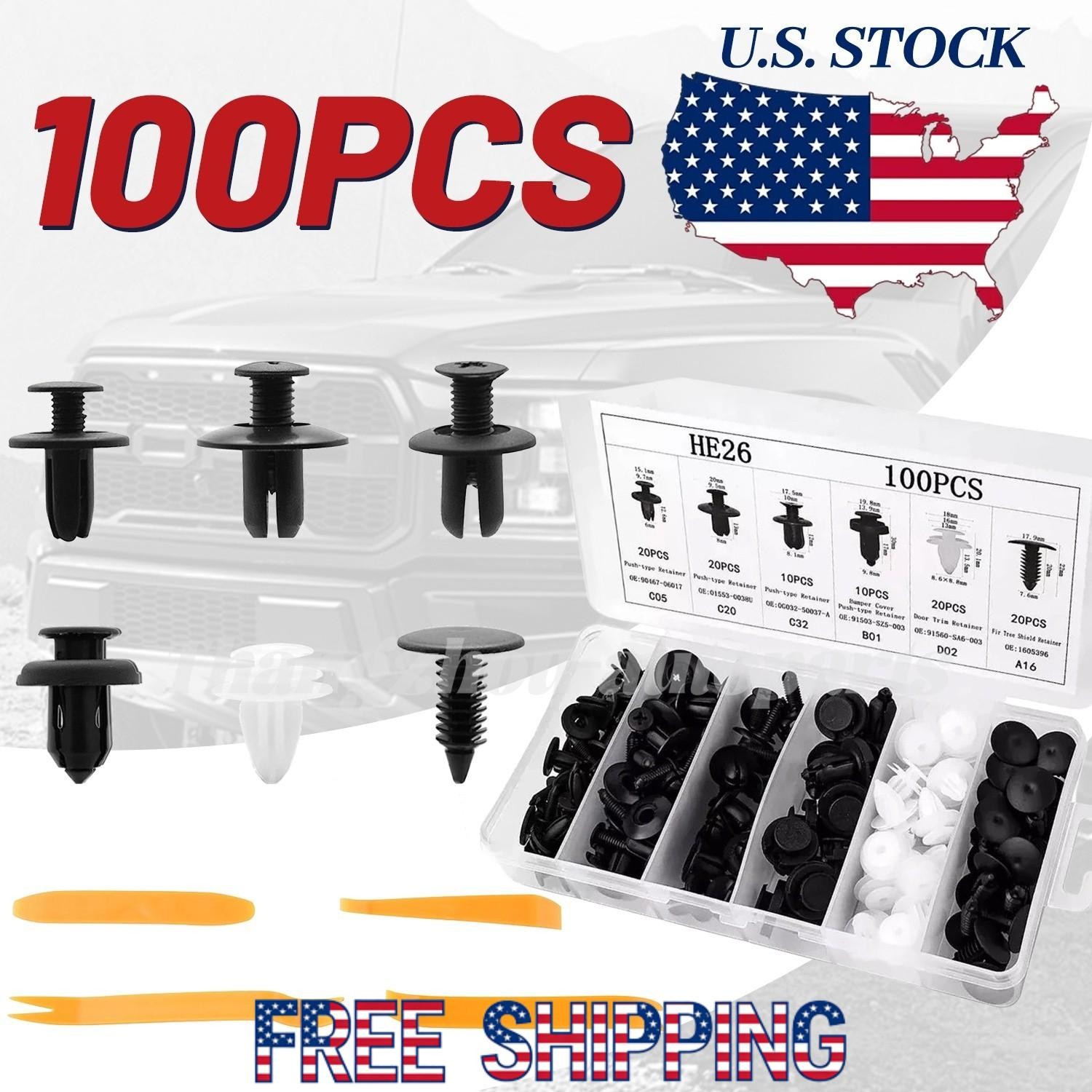 100PcsBumperClips Fender TRIM Car Auto Push Pin Rivet Fastener Panel 4Tools USA+