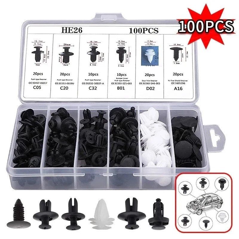100PCs Car Body Rivet Push Pin Plastic Fastener Retainer Bumper Fender Trim Clip