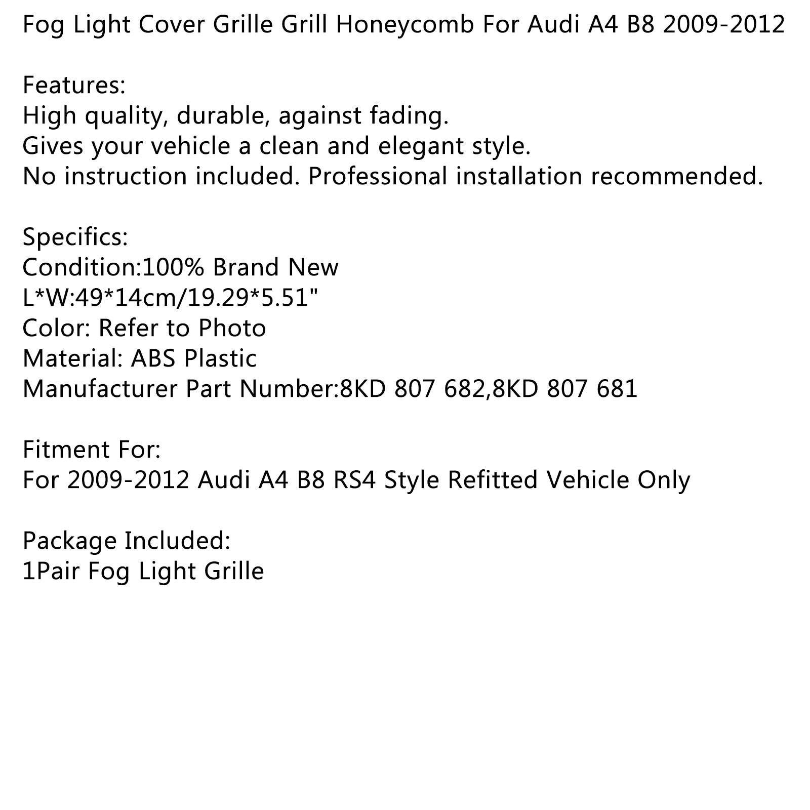 Pair Honeycomb Mesh Fog Light Open Vent Grill Intake For Audi A4 B8 2009-2012 US