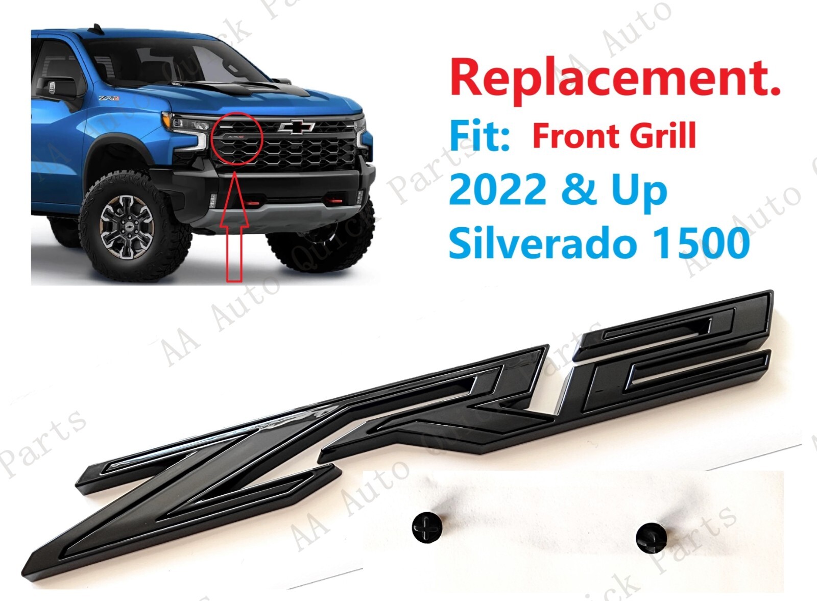 1PCS Gloss Black Front Grill ZR2 Emblem Badge Fit 2022-2024 Silverado 1500