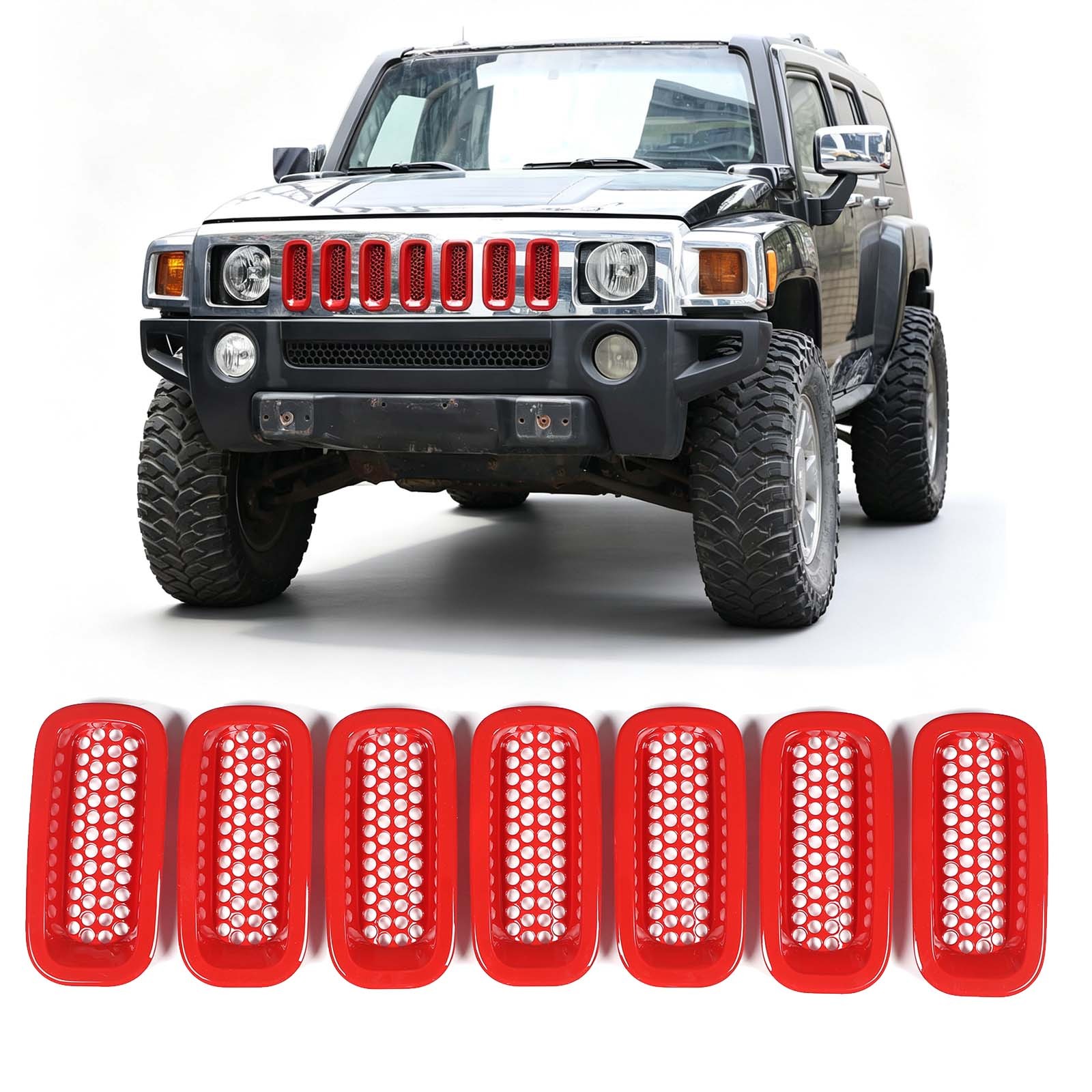 Red Front Bumper Grille Insert Honeycomb Mesh Kits For Hummer H3 2005-2009 7PCS
