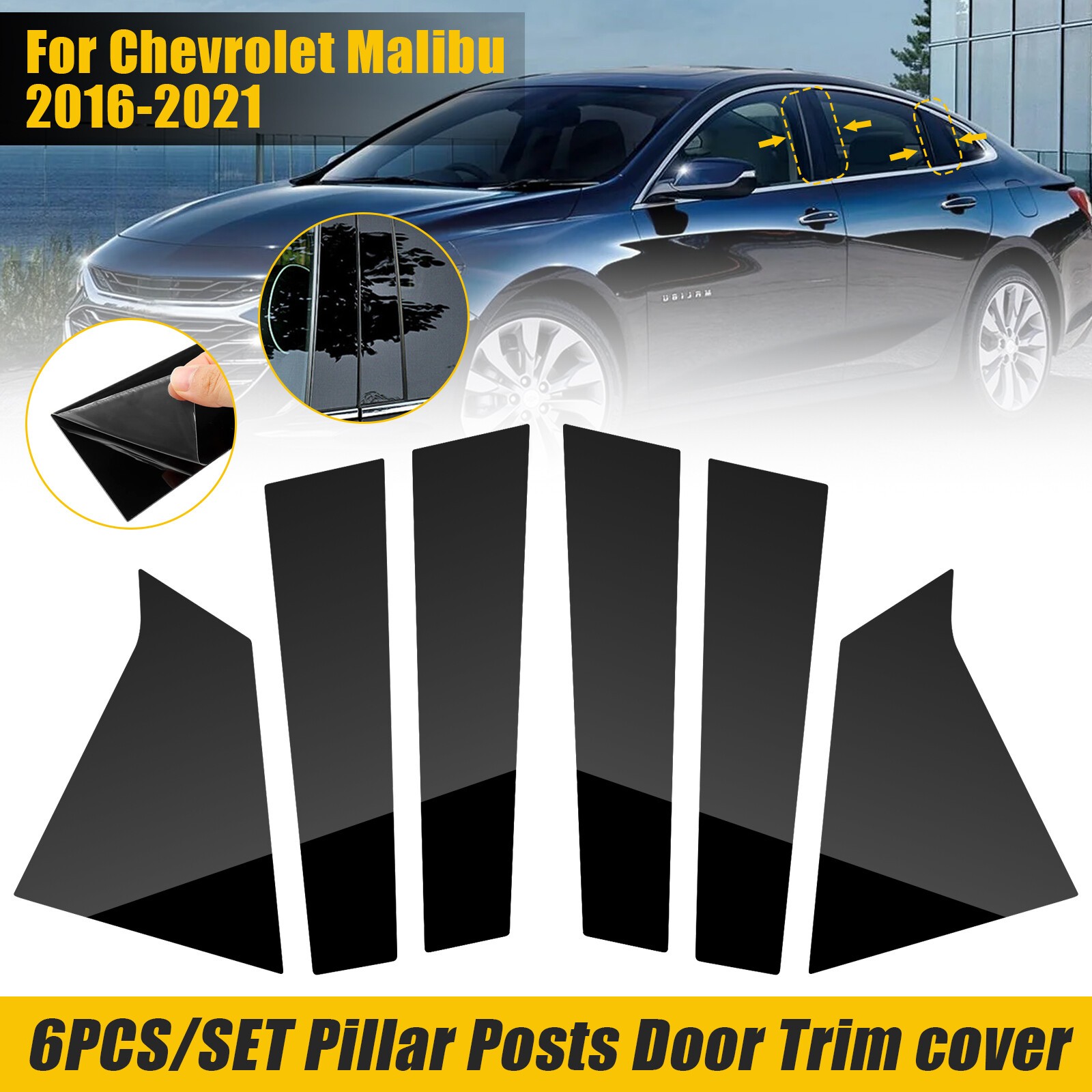 6pc Set Glossy Black Pillar Posts Door Trim For Chevrolet Malibu 2016-2021 US