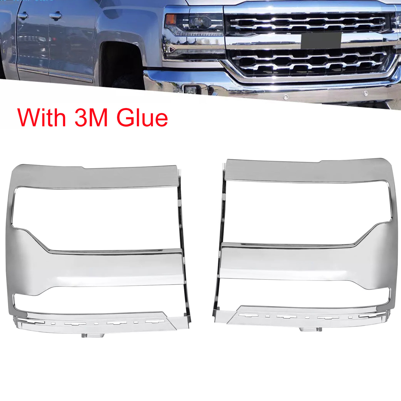 Chrome Headlight Bezel Cover Trim Pair For 2016-18 Chevrolet Silverado 1500 L/R
