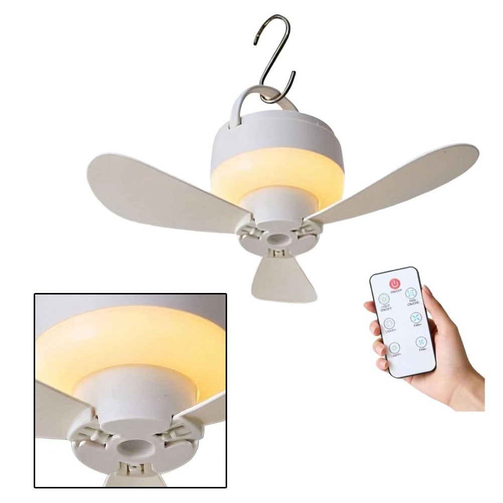 Lightweight Camping Ceiling Fan with LED Light USB Rechargeable for RV Tent