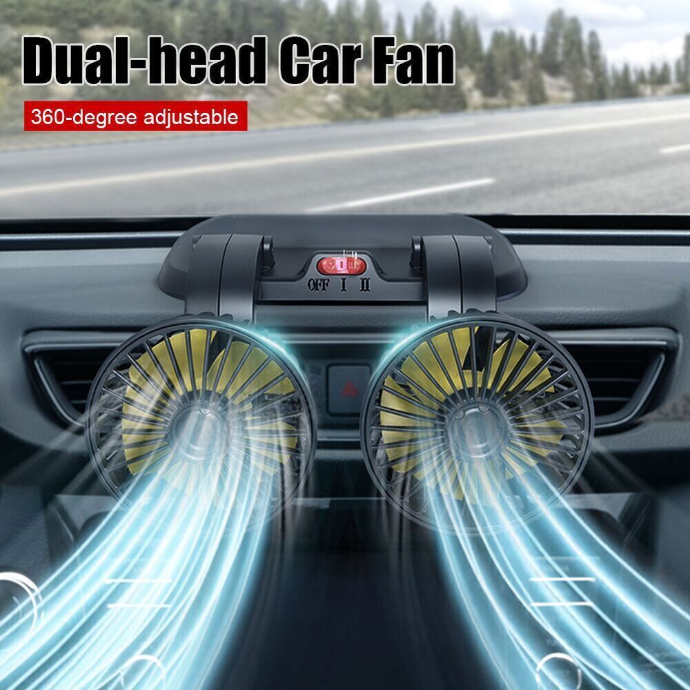 Car Fan Dual Head Dash Cooling Rotatable For Driver Passenger Portable Cooler
