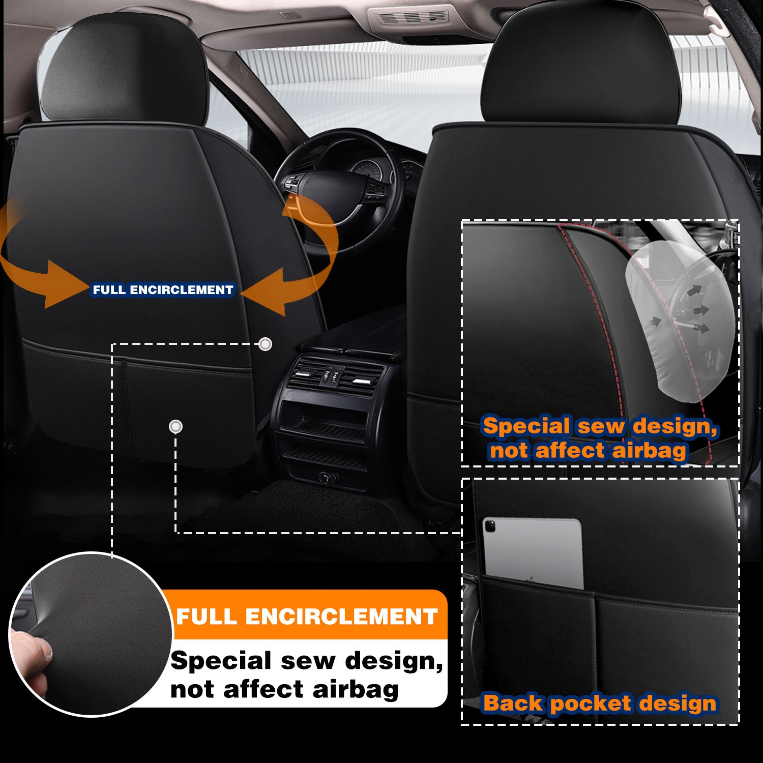 For Jeep Car Seat Cover 5-Seats Full Set PU Leather Front & Rear Deluxe Cushion