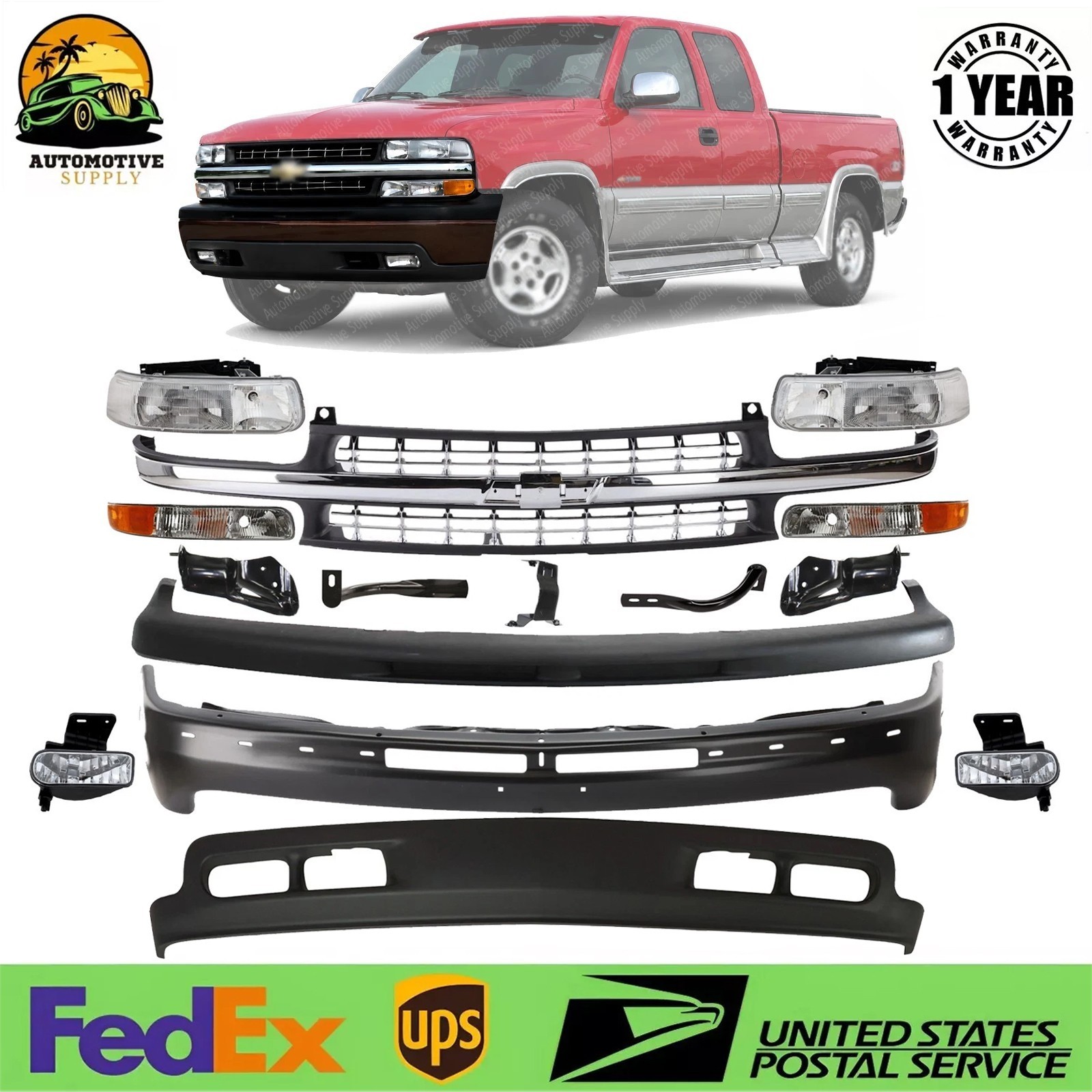 Front Bumper Chrome Kit For 1999-2002 Chevrolet Silverado 1500 & 2000-2006 Tahoe