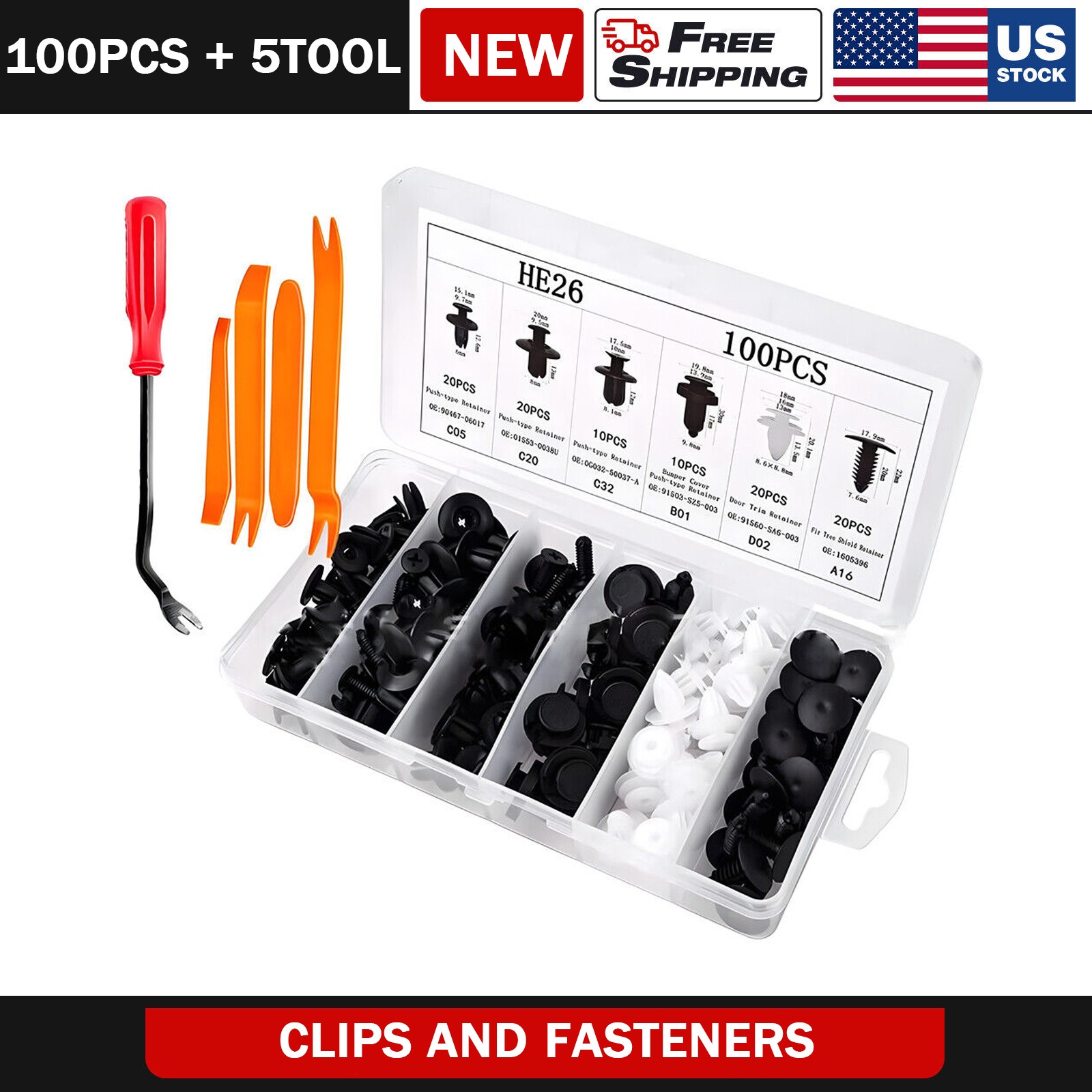 100 PCS Box Set Bumper Fender Liner Push Type Retainer Clips for Ford Cars