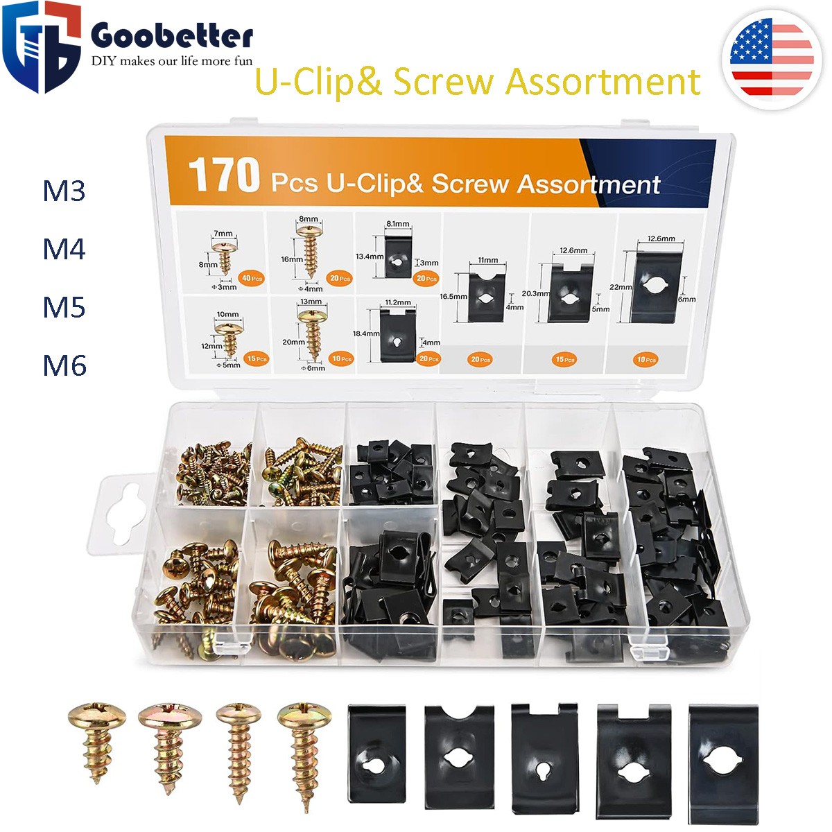 170pcs U Nut Metal Car Screw Body Fender Bumper Retainer Clips Gasket Fastener
