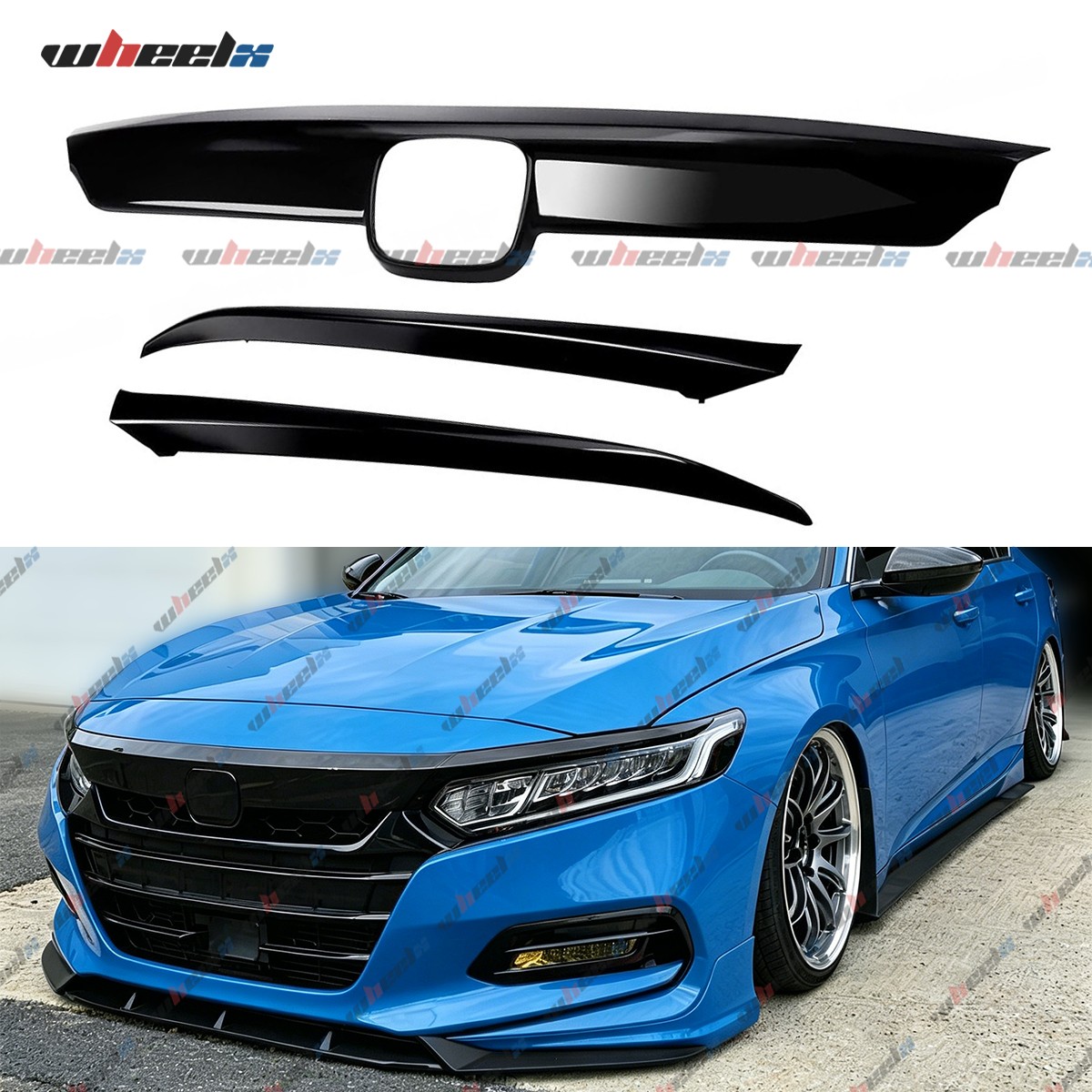 GLOSSY BLACK FRONT GRILL GARNISH TRIM + EYELID COVER FOR 2018-2020 HONDA ACCORD