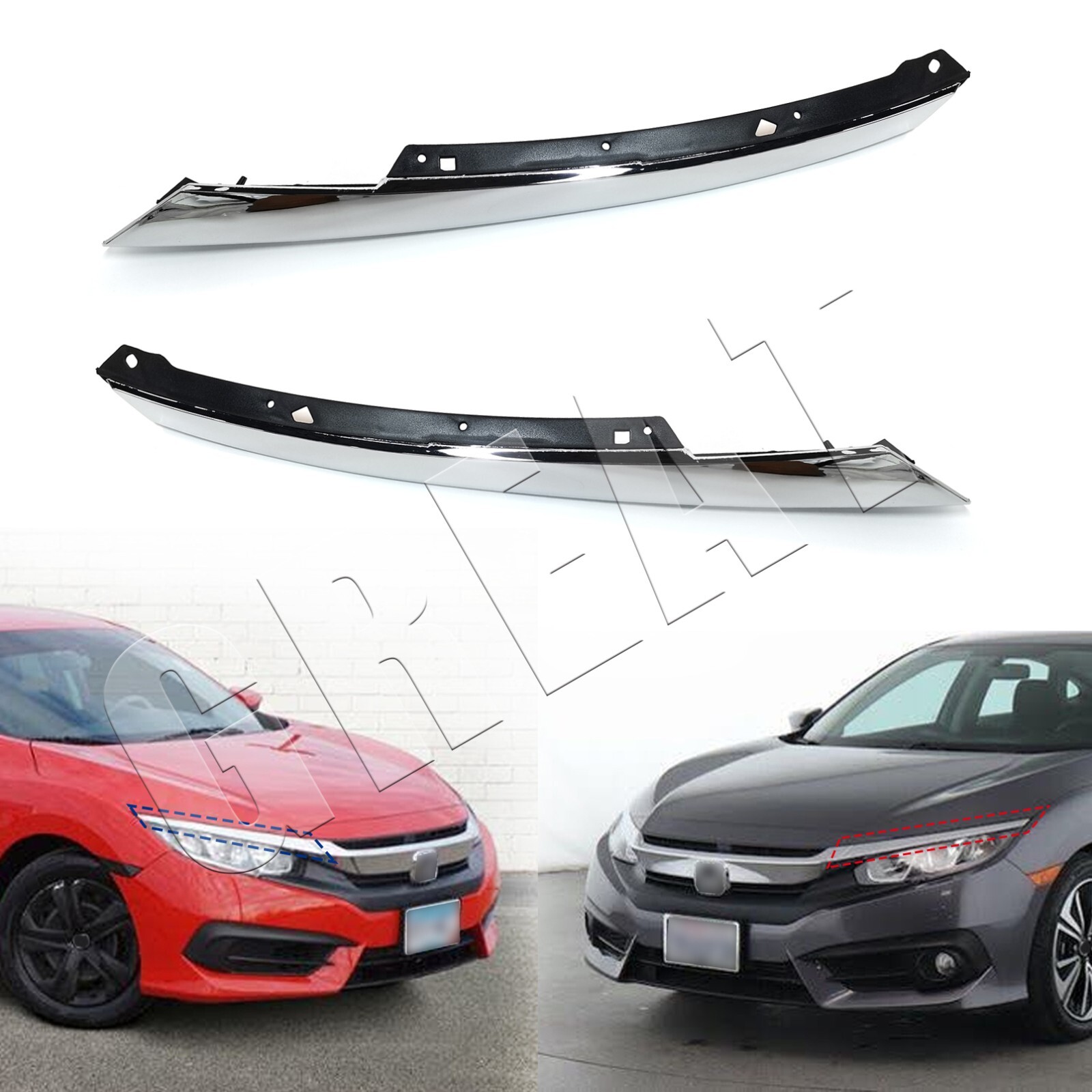 Fit 2016-2017 2018 Honda Civic Chrome Grille Headlight Eyelid Molding Trim LH+RH