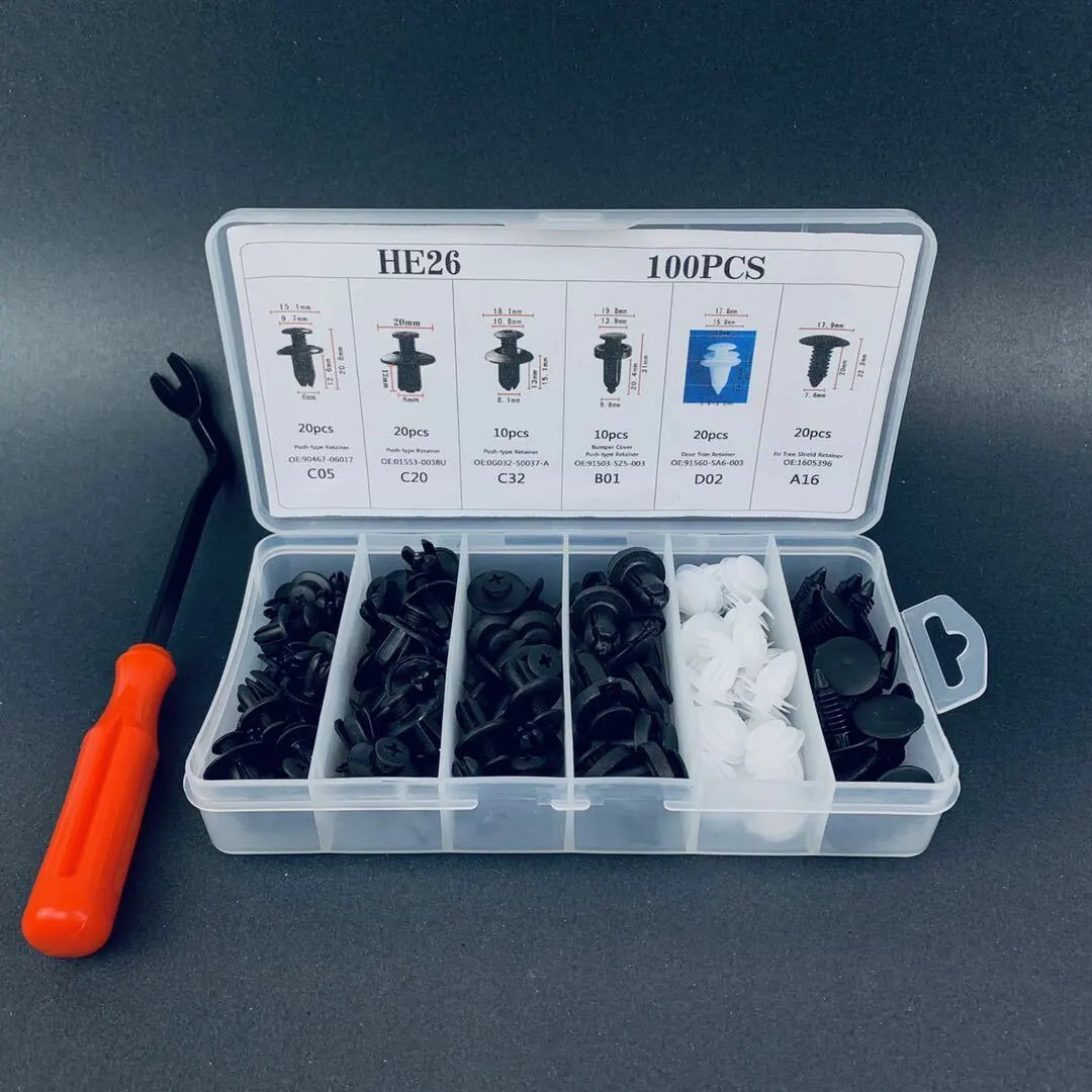 Pack of 100 Retainer Clips Push Type Fasteners Expansion Screws Replacement HE26