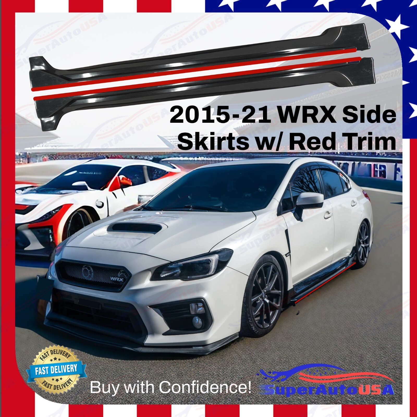 Fits for 15-21 Subaru WRX STI Black JDM Style Side Skirts Body Kit w/ Red Trims