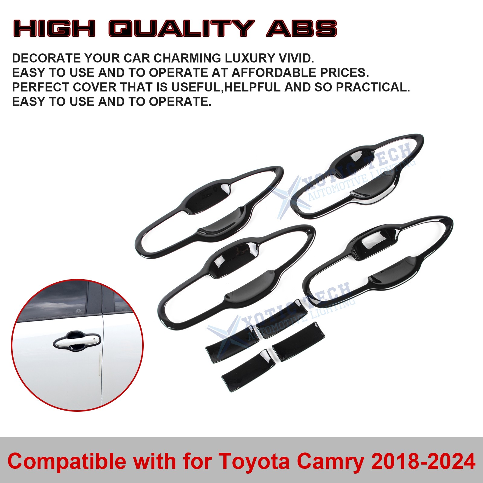 Glossy Black Door Handle Bowl Cover Moulding Decor For Toyota Camry 2018-2024