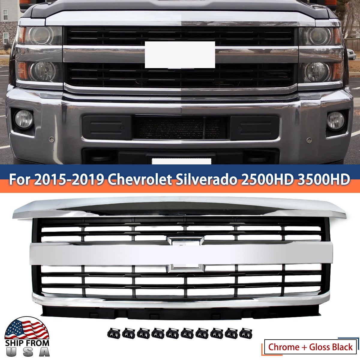 Chrome Black Front Upper Grille For 2015-2019 Chevrolet Silverado 2500HD 3500HD