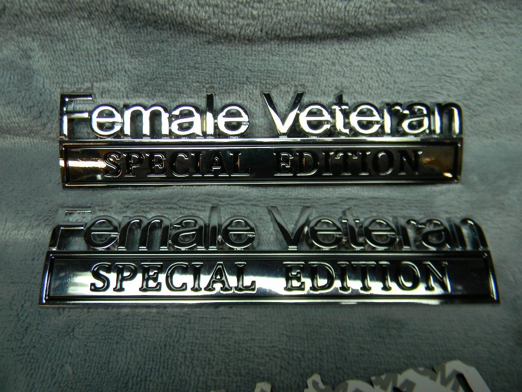 2PC STAINLESS STEEL “FEMALE VETERAN SPECIAL EDITION” TAILGATE/FENDER EMBLEMS-NEW