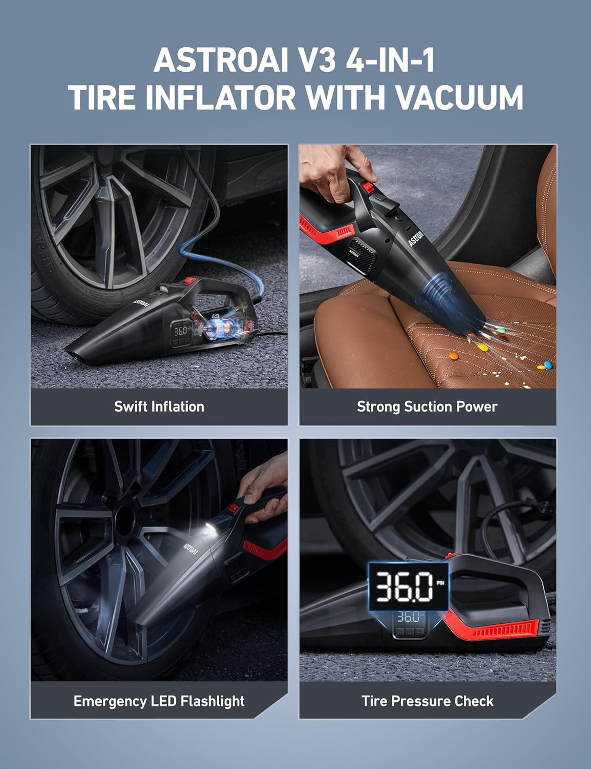 4In1 Car Vacuum Cleaner And Tire Inflator Portable w/Accessories Air Compressor