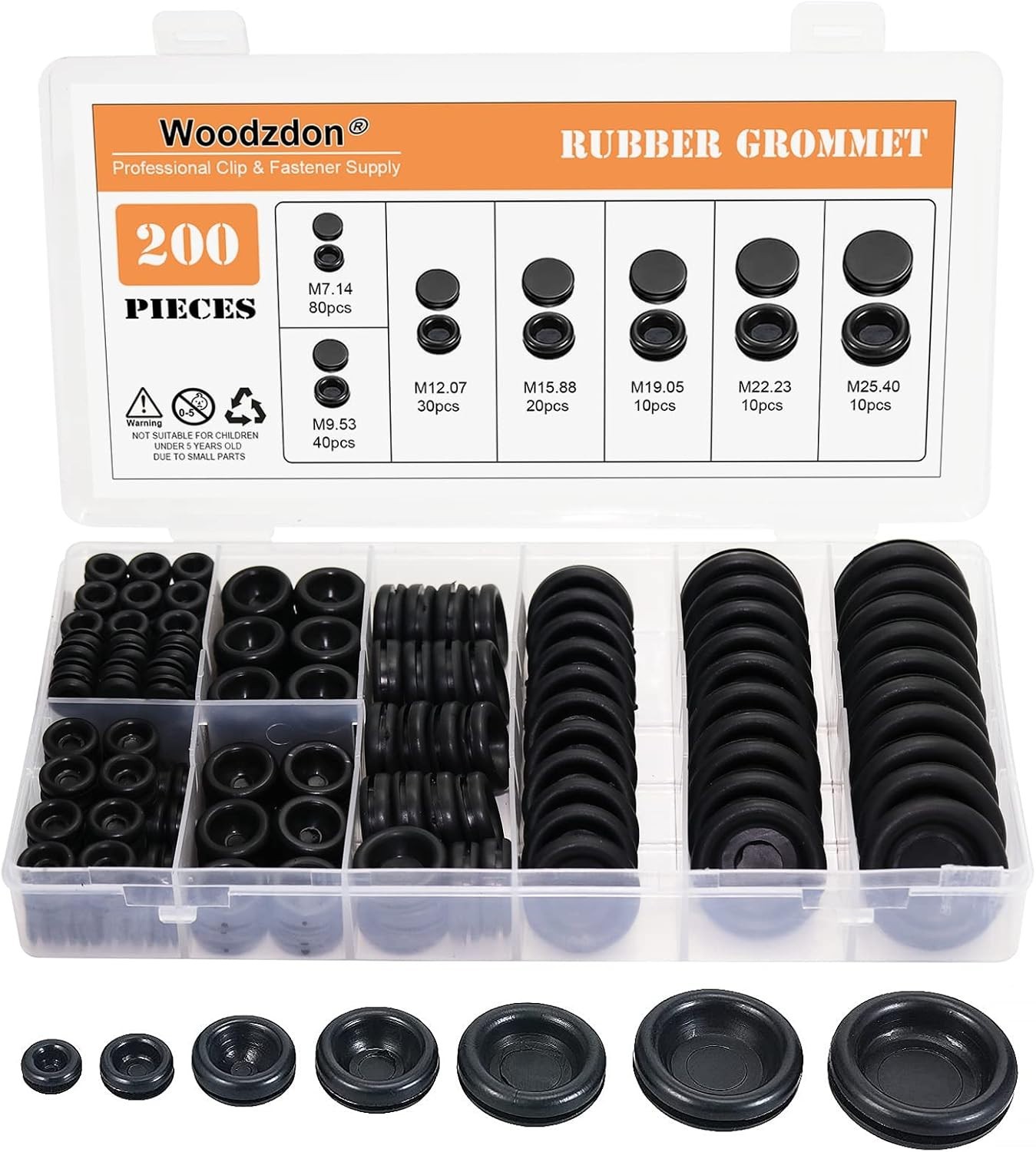 200 Black Rubber Hole Plugs Assortment for Auto Body and Sheet Metal, Flush Head