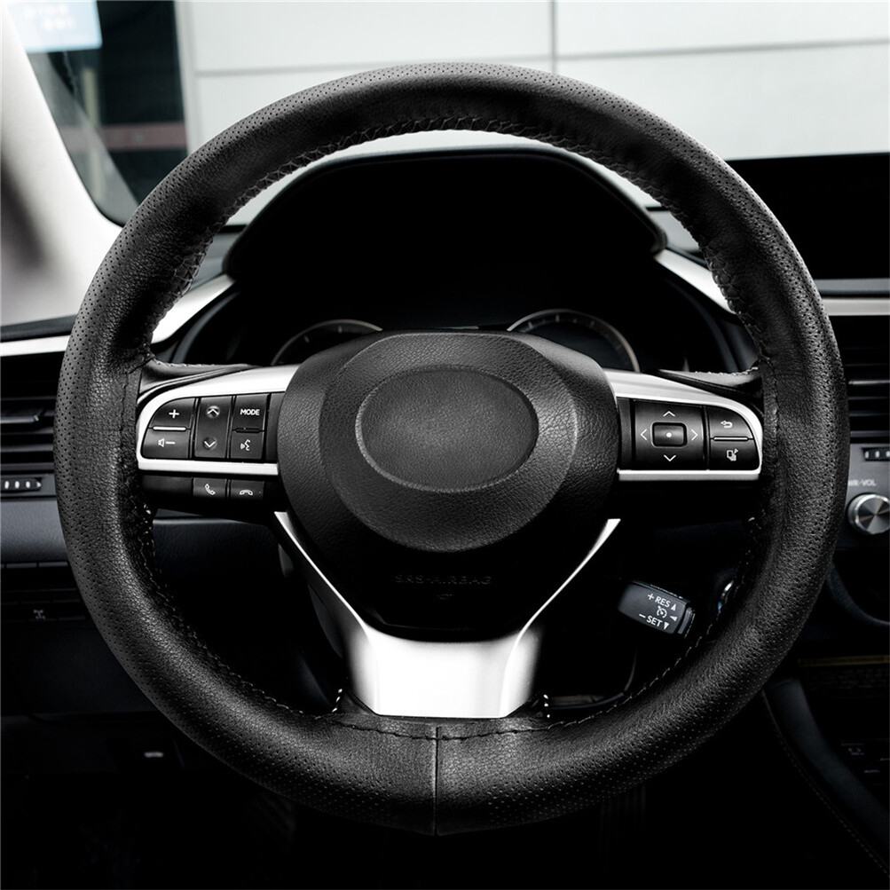 DIY Genuine Leather Car Steering Wheel Cover Needle Thread Anti-slip Black 15″US