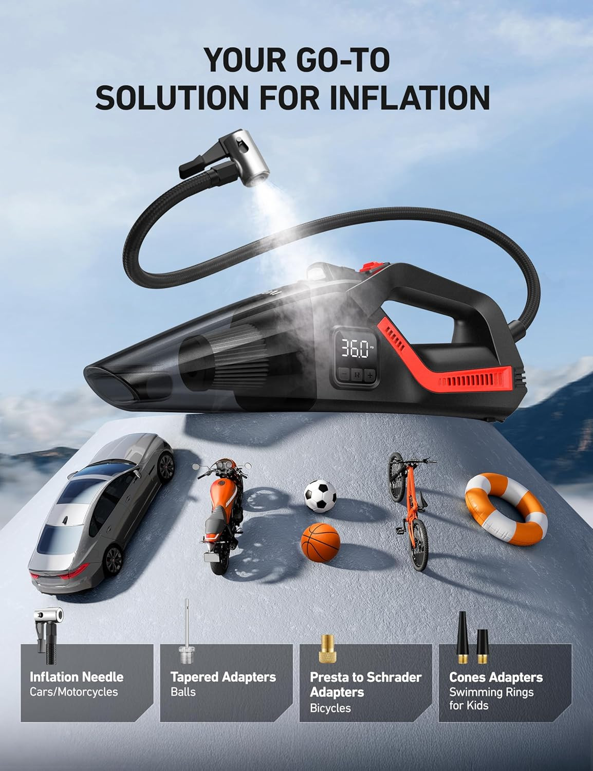 4In1 Car Vacuum Cleaner And Tire Inflator Portable w/Accessories Air Compressor