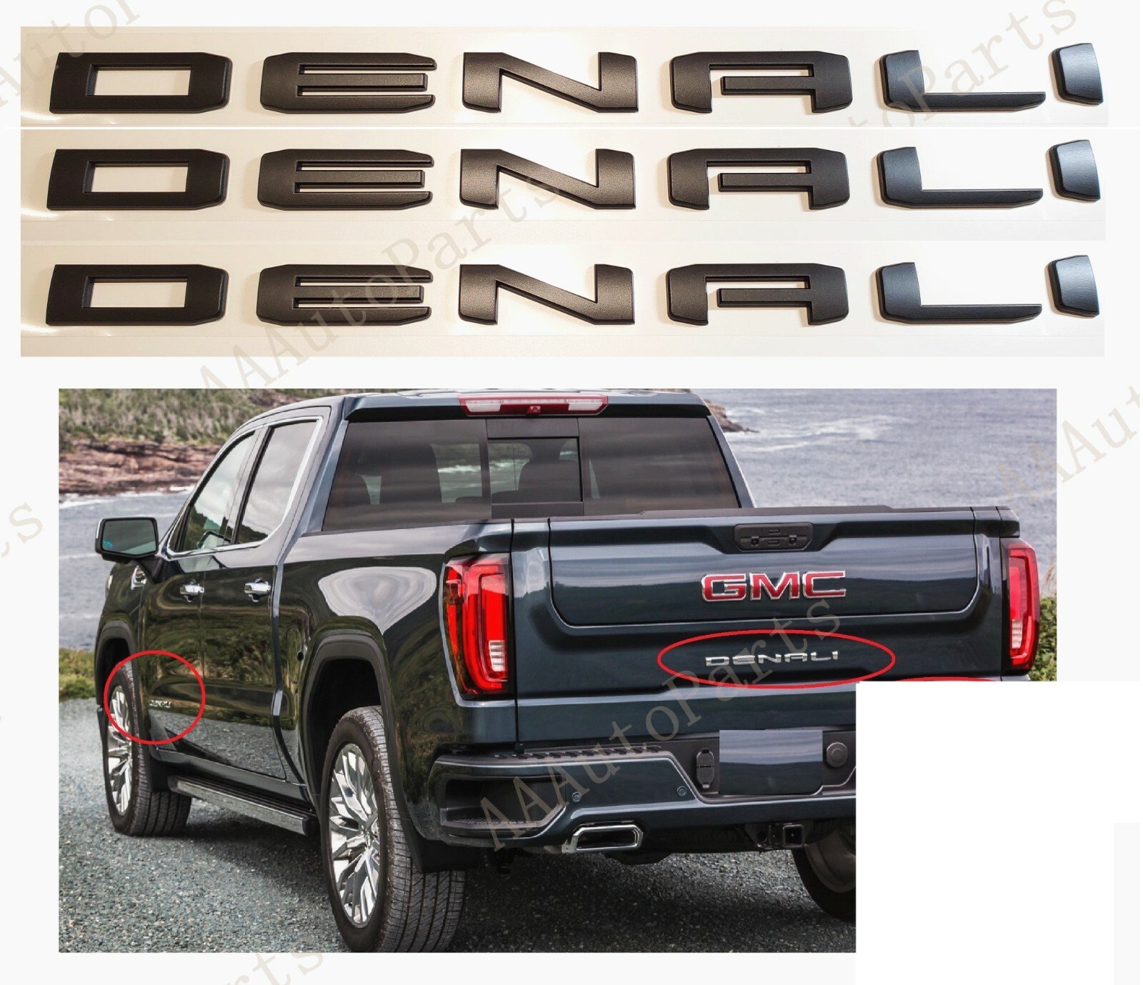 3PCS Set Matte Black Door Rear DENALI Emblems Fit GMC Sierra 1500 2500hd Yukon