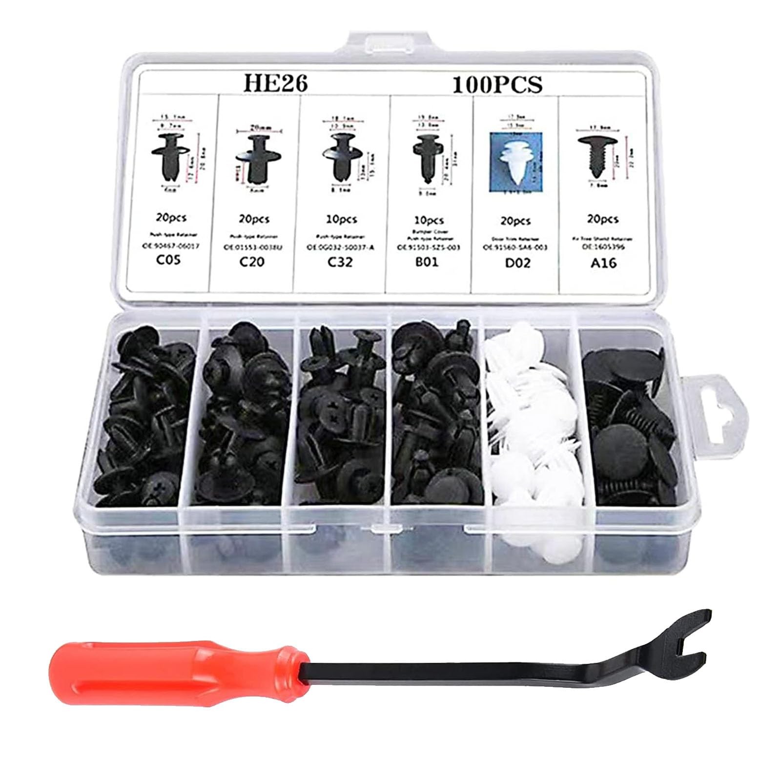 100 PCS Car Bumper Bolt Fastener Set, 6 Types of Door Panel Push Retainer HE2…