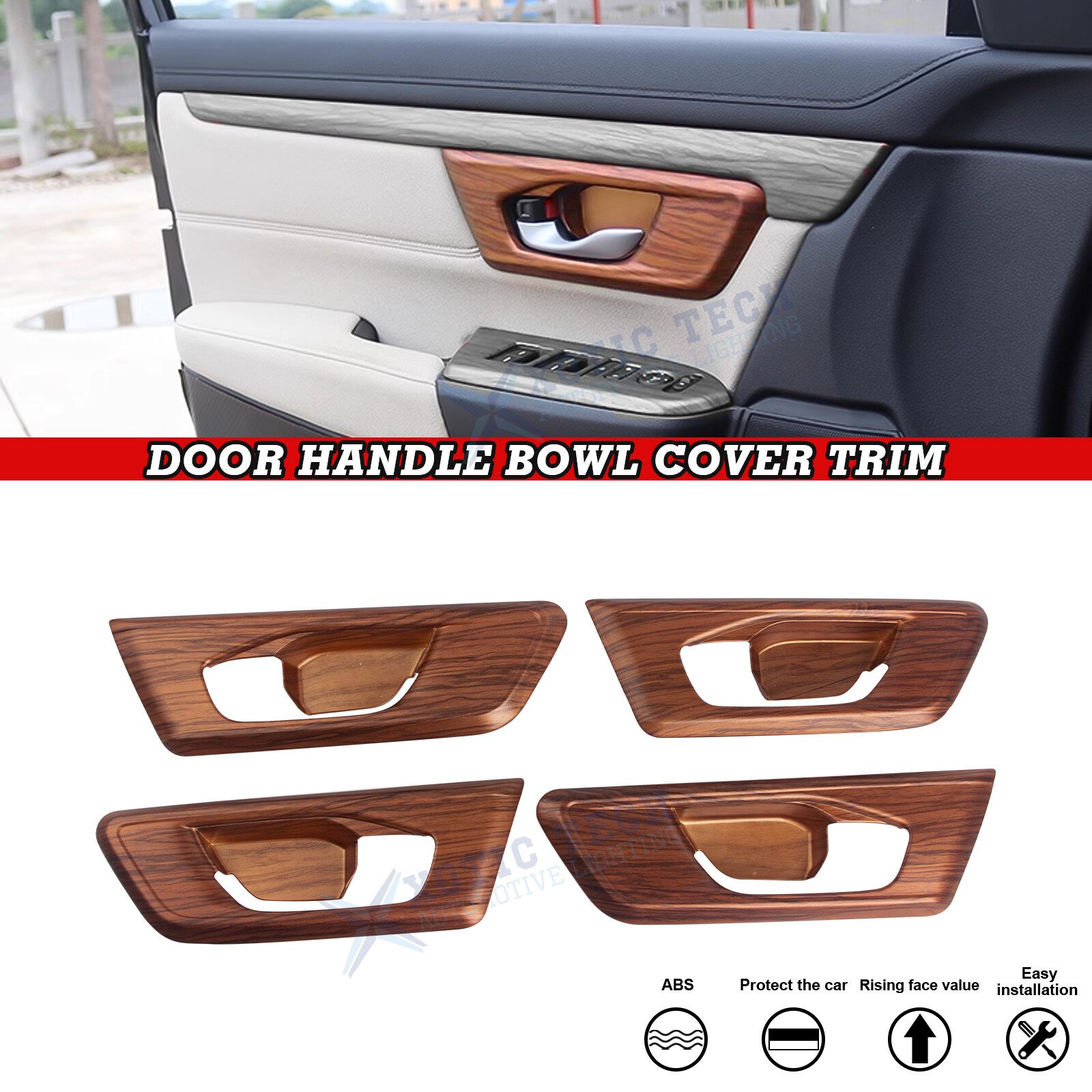 Peach Wood Grain Inner Door Handle Bowl Trim Cover For Honda CR-V 2017-2022