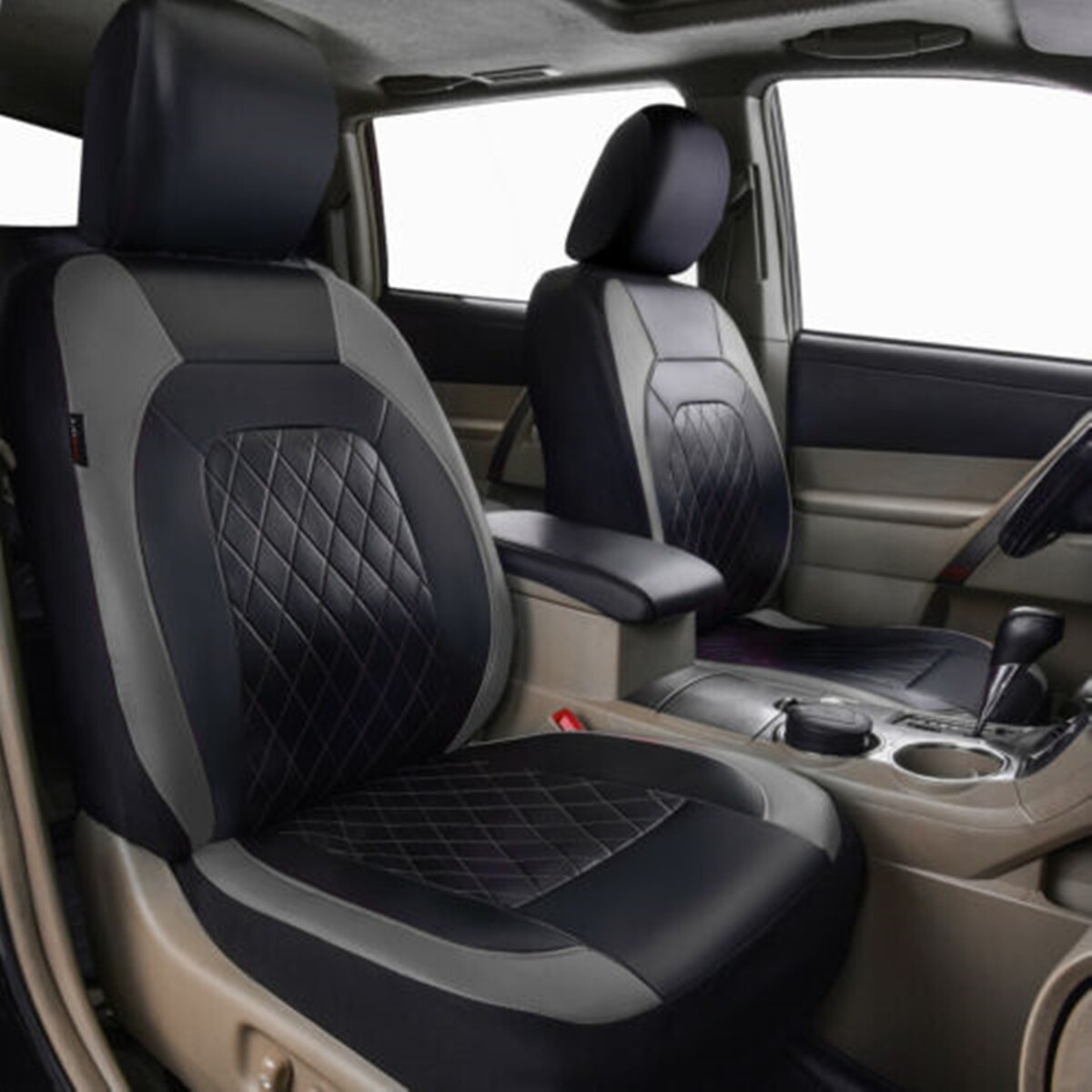 PU Leather Front Car Seat Cover Cushion Protector Black/Gray Waterproof Set Of 2