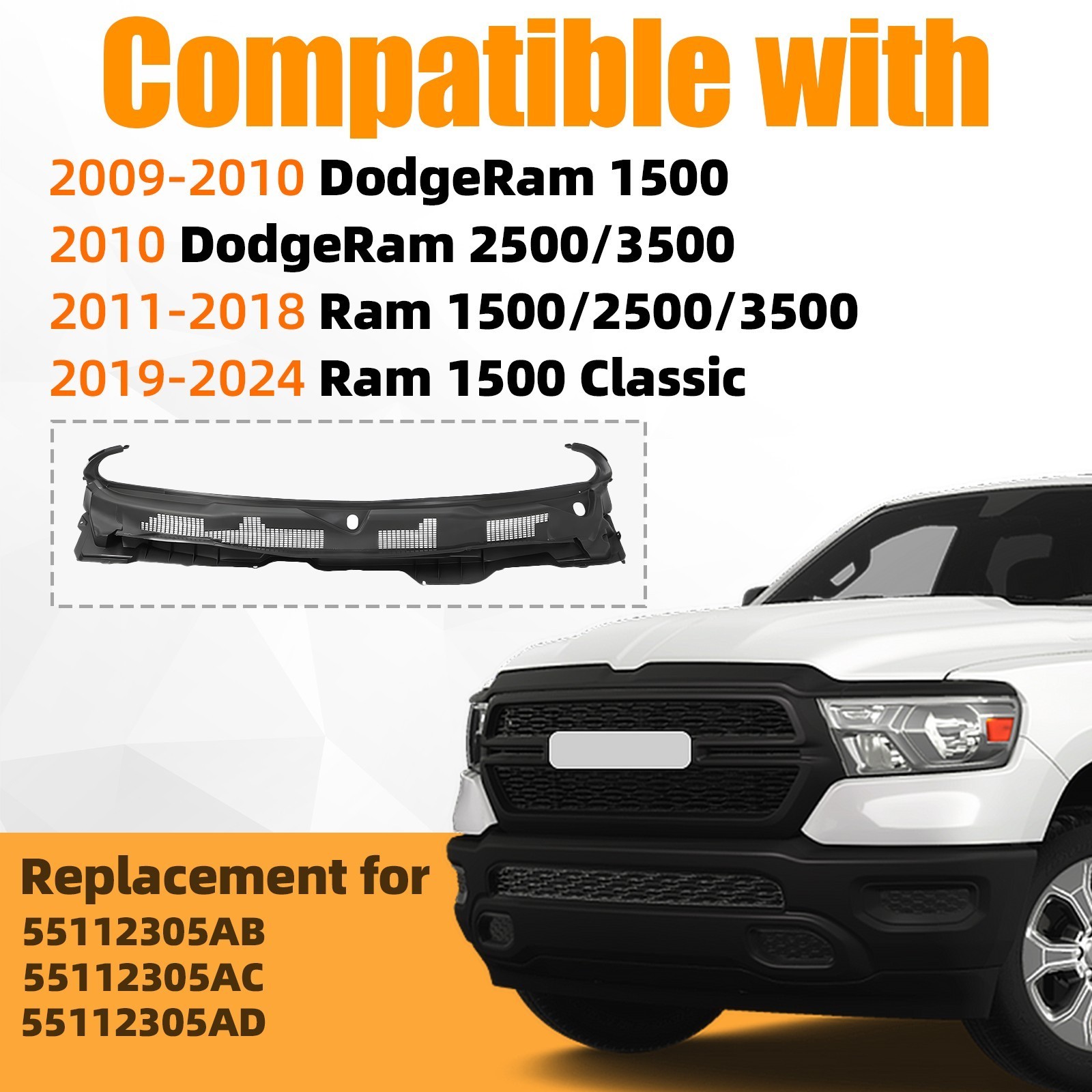 Wiper Cowl Windshield Panel For Dodge Ram 1500 2500 3500 2009-2024 55112305AC