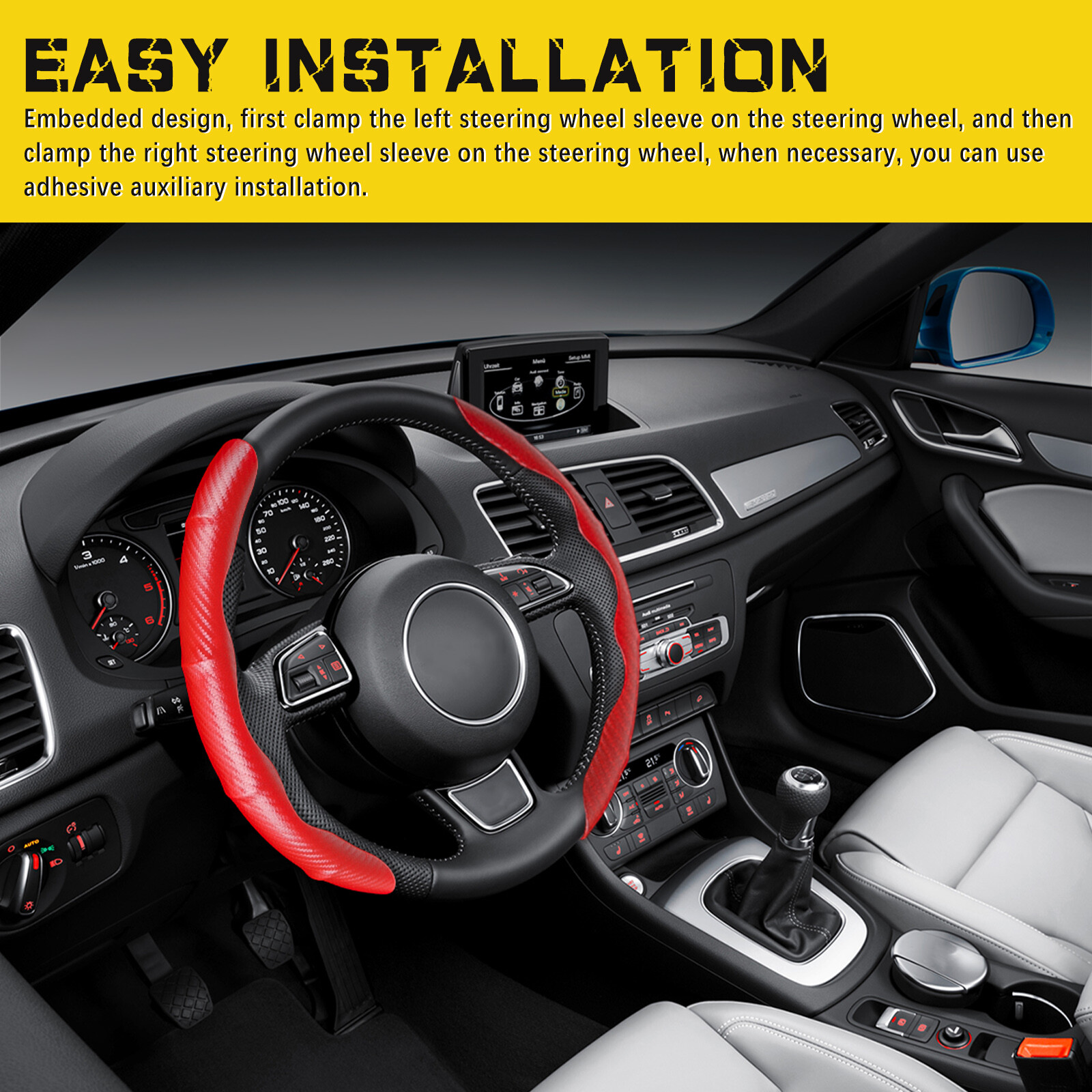 15″ For Chevrolet Corvette Car Steering Wheel Cover Red Black Leather Anti-slip