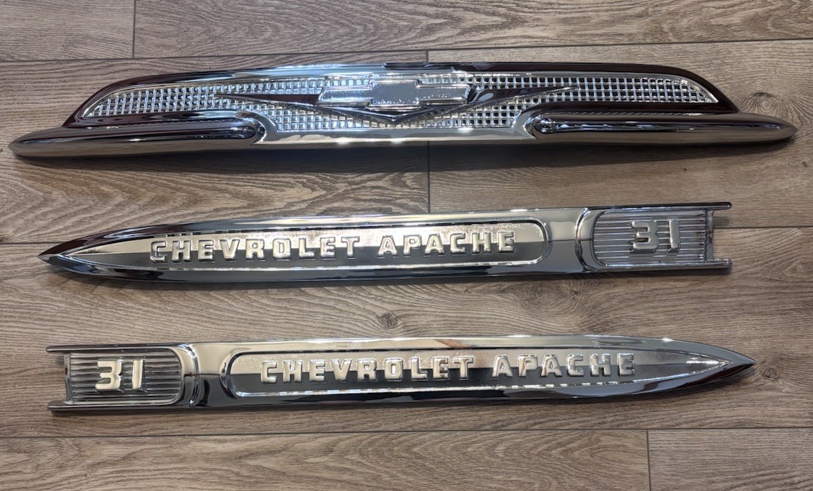 1959 Chevrolet Pickup Truck V8 Hood 31 Apache Fender Emblems Fresh Show Chrome