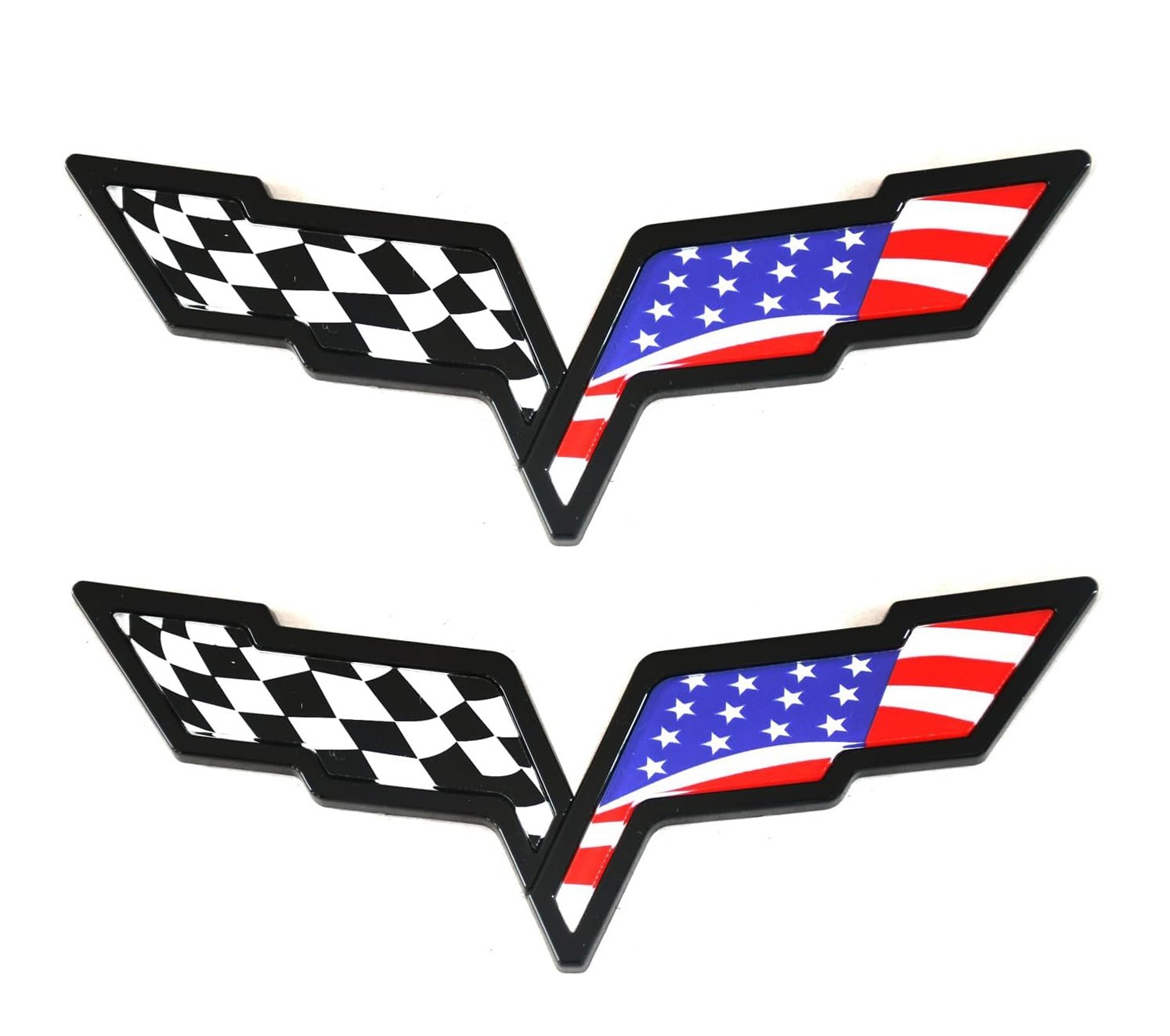 2pcs Front Hood & Rear Crossed US Flags Emblems for 2005-2013 Corvette C6 Black