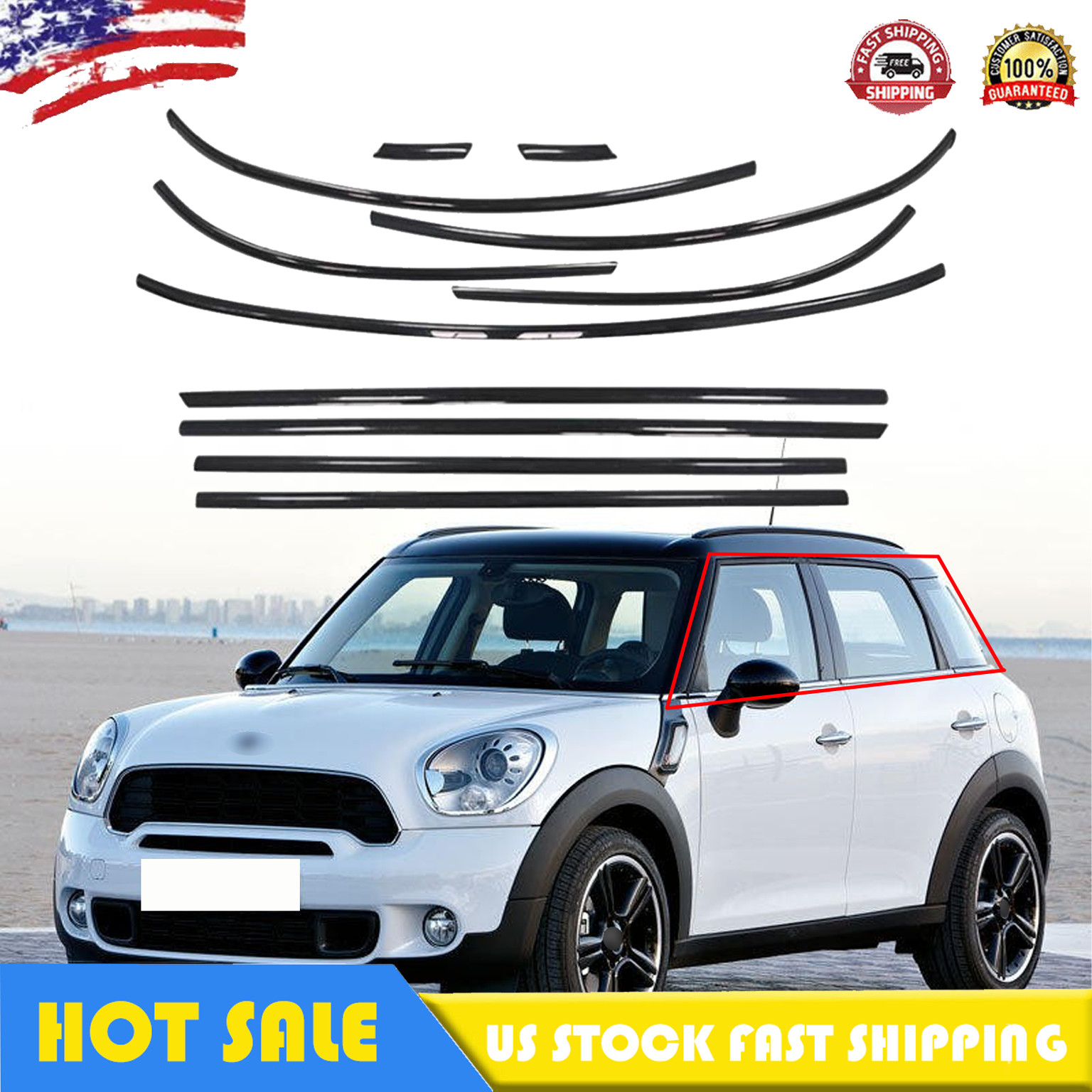 Fit For Mini Cooper Countryman R60 2010-2016 Stainless Window Trim Gloss Black