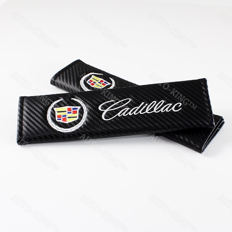 For CADILLAC Carbon Fiber Center Armrest Cushion Pad Cover + Seat Belt Cover Set