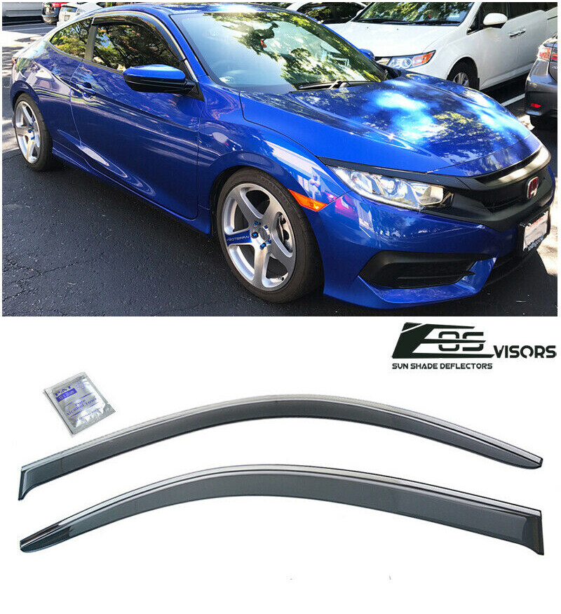 EOS Visors For 16-20 Honda Civic Coupe JDM CHROME TRIM Side Window Rain Guards