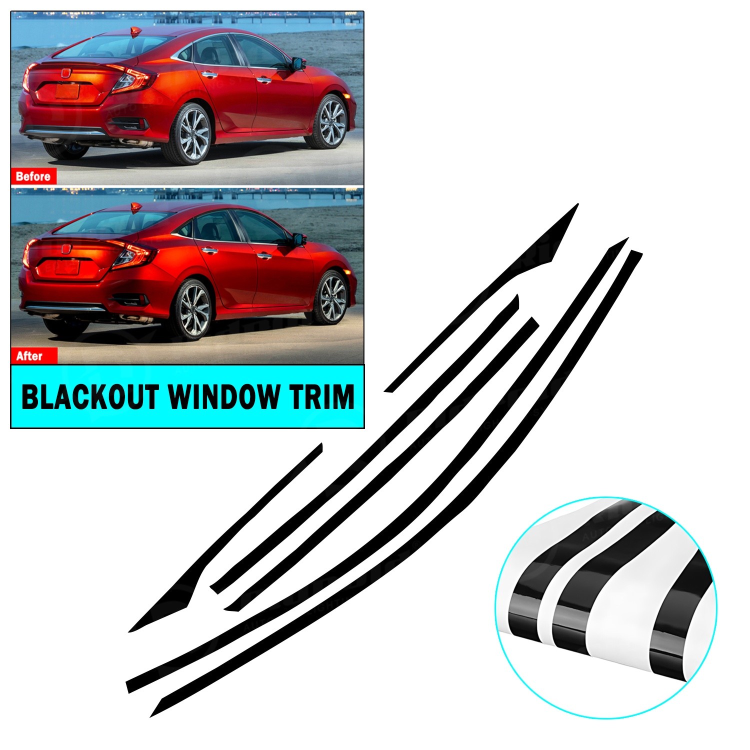 Chrome Delete Blackout Window Trim Glossy Black For 2016-2021 Honda Civic Sedan