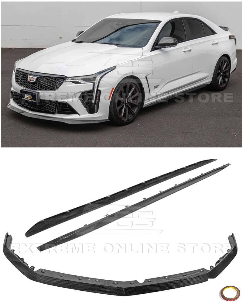 For 20-Up Cadillac CT4-V Blackwing CARBON FIBER Front Lip Splitter & Side Skirts