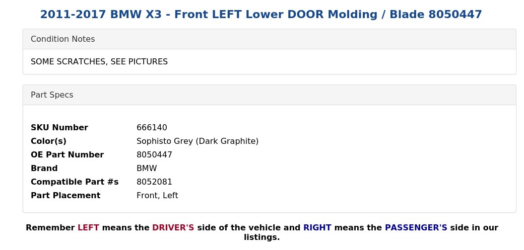 2011-2017 BMW X3 – Front LEFT Lower DOOR Molding / Blade 8050447