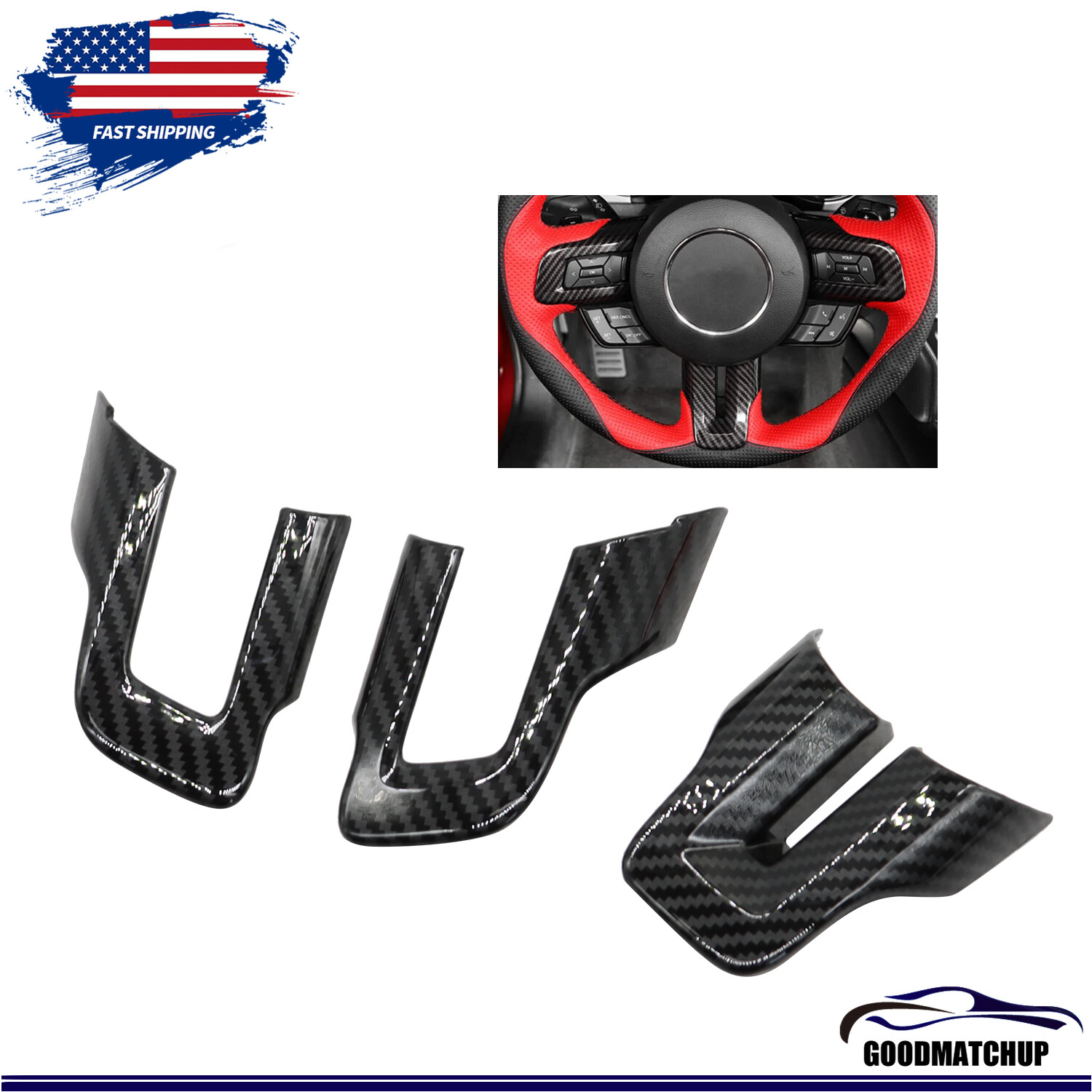 Carbon Fiber Black Steering Wheel Cover Trim Interior For Ford Mustang 2015-2022