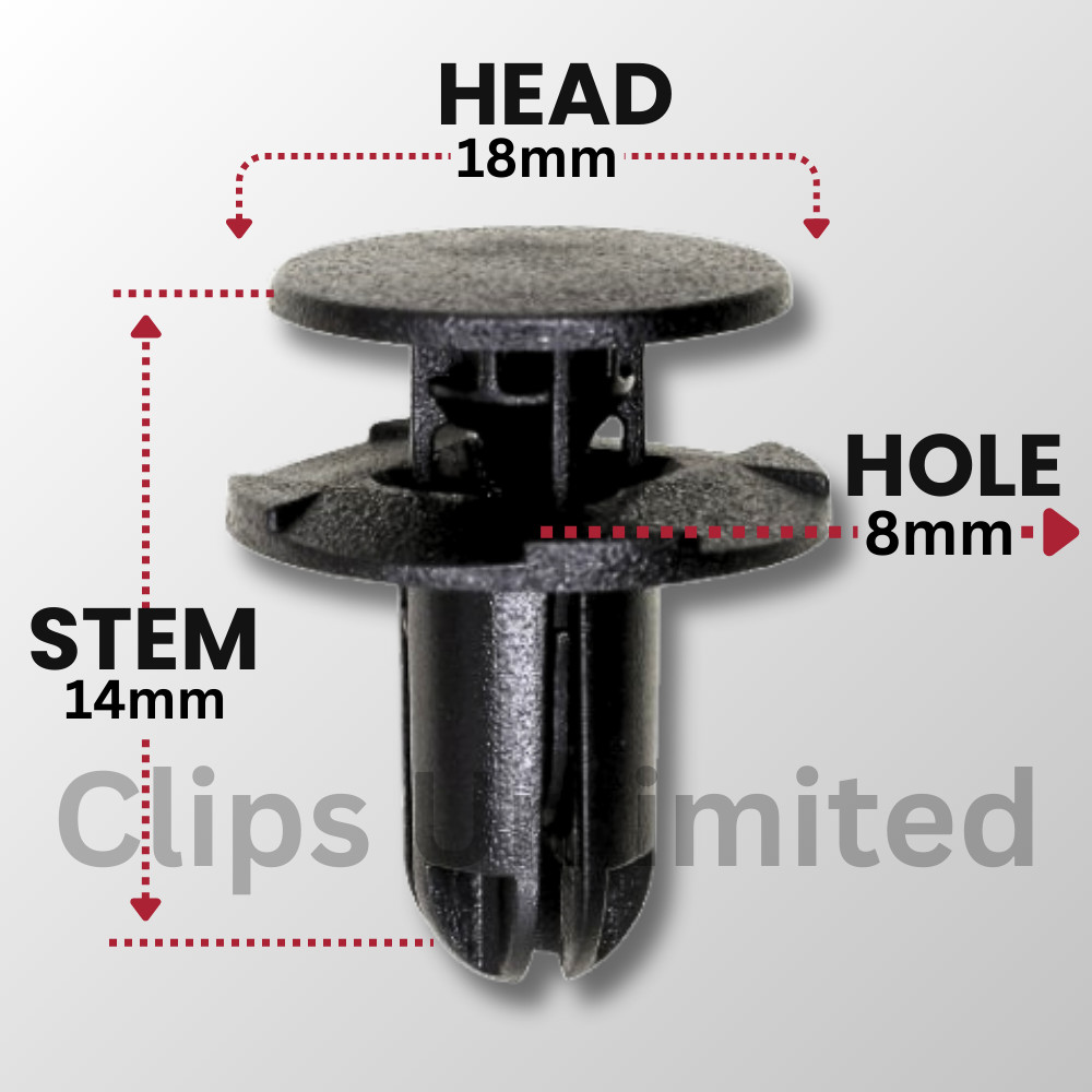 A 22253 Push Type Retainer 18mm Head 14mm Stem 8mm Hole, 86595-2T500, 25-1K pcs